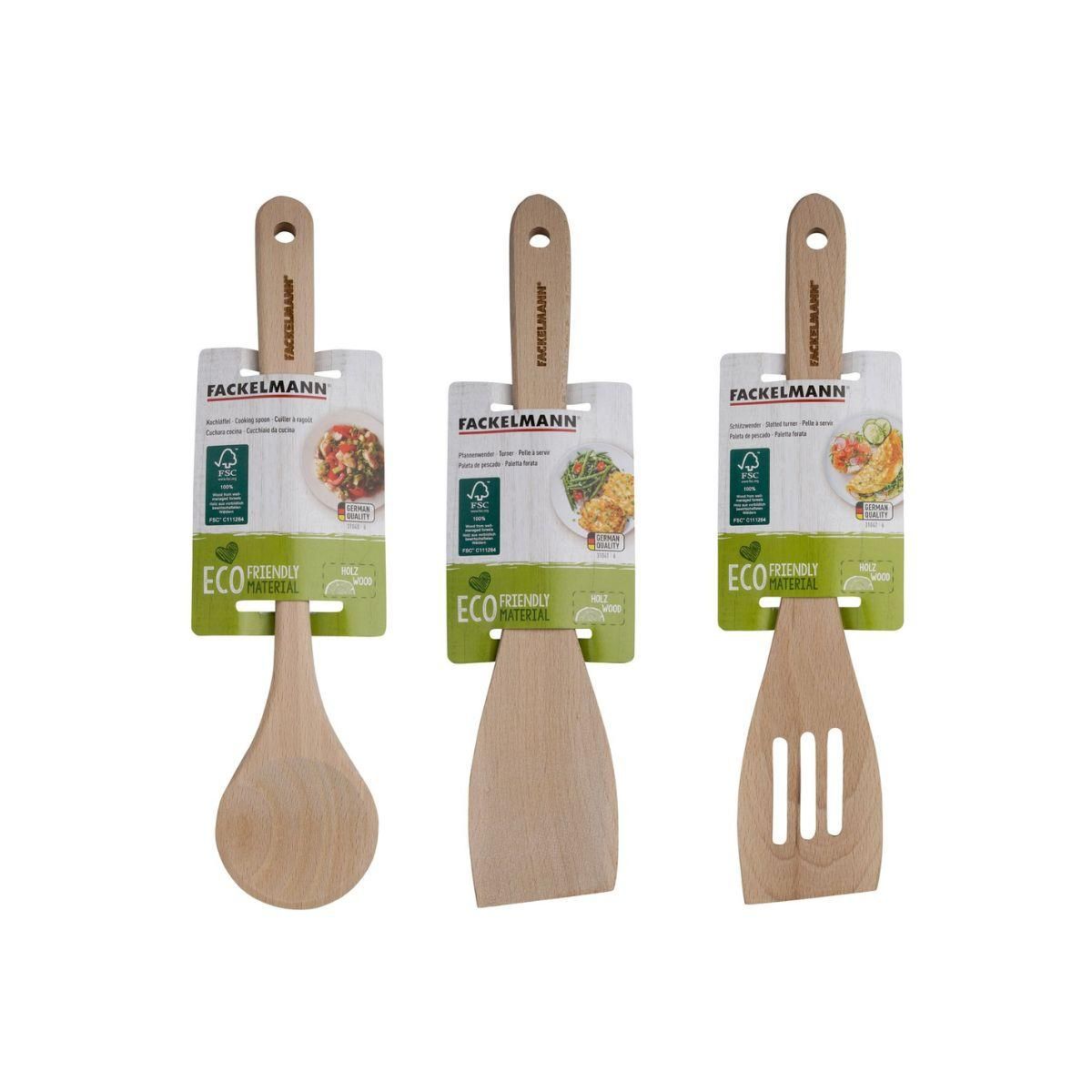 Fackelmann Lot de 3 ustensiles de cuisine en bois dont 2 spatules et une cuillère Fackelmann Nature