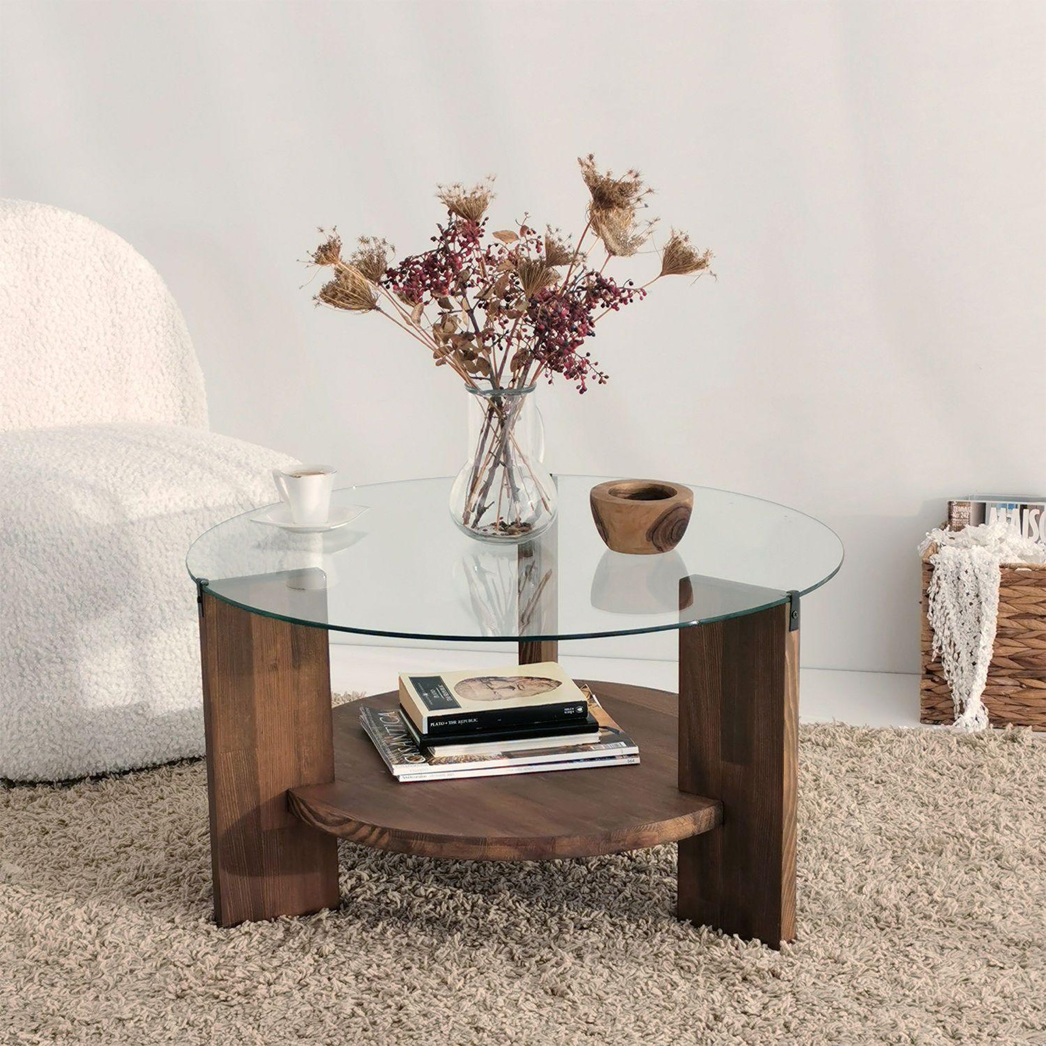 Voir la diapositive 2 : TOILINUX Table basse ronde en verre et panneaux de particules - diam. 75cm h. 40cm - marron