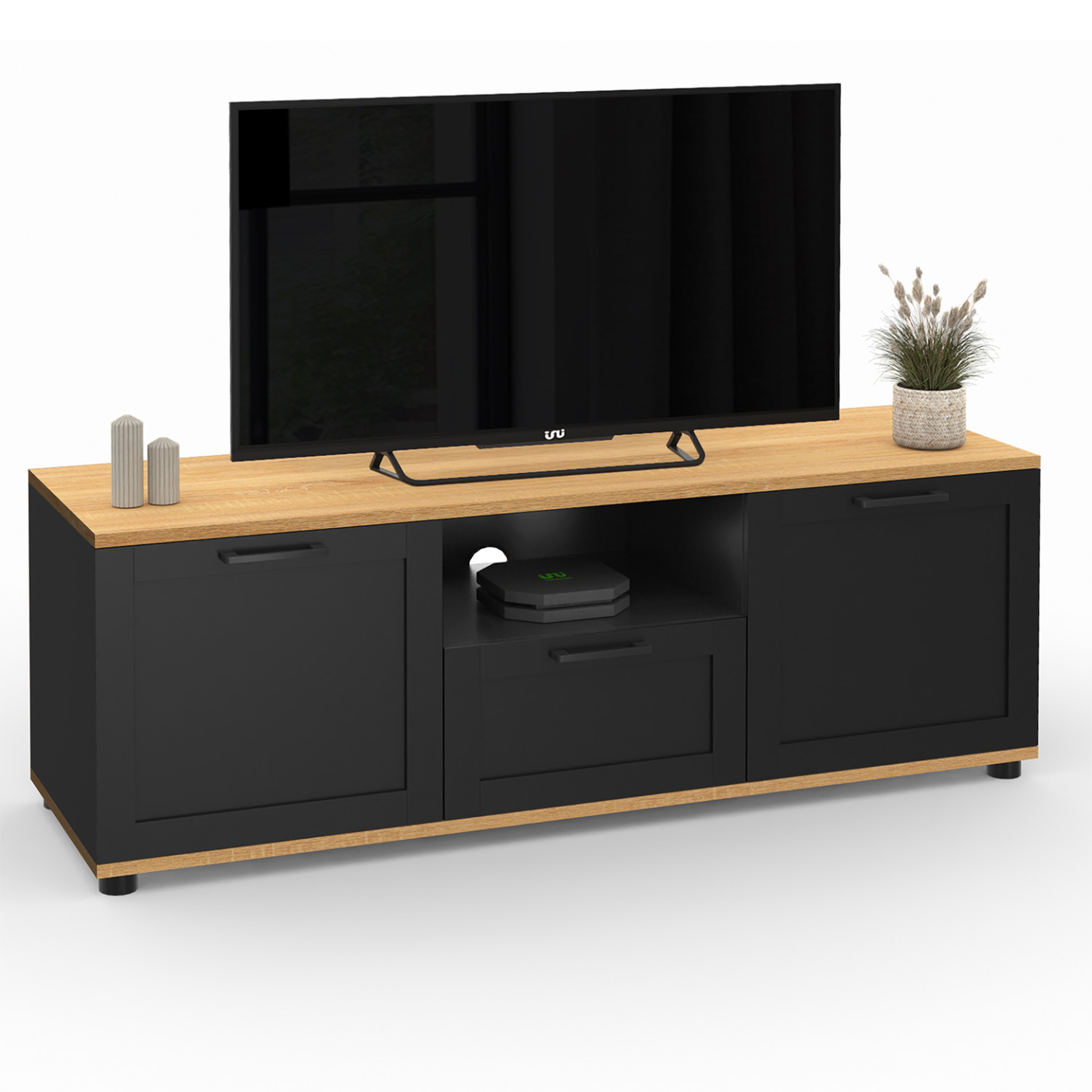 ID MARKET Meuble tv 110 cm vito avec tiroir et niche noir et bois