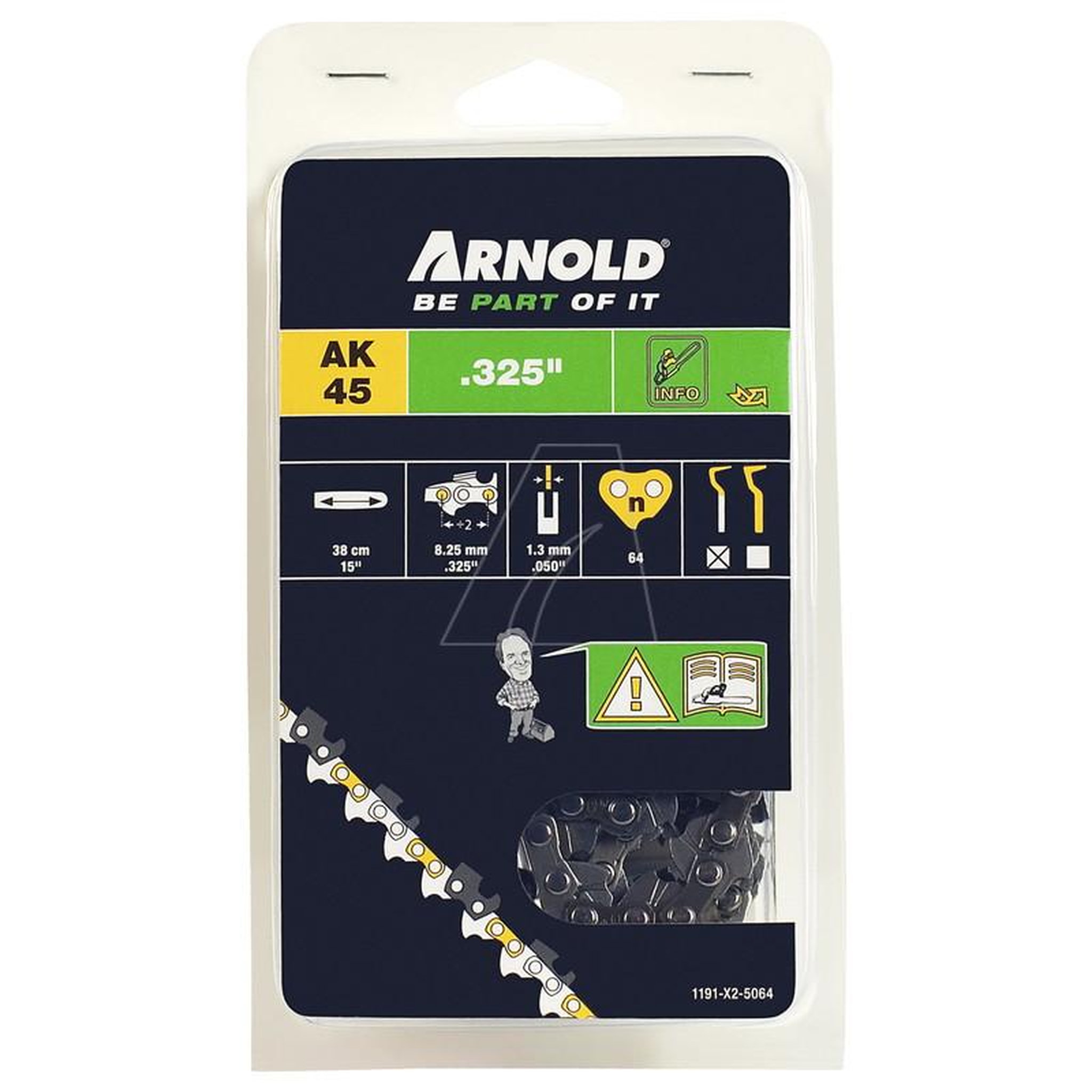 ARNOLD Chaîne de tronçonneuse 325 /1,3 mm - 64 maillons d'entraineurs - gouges demi-rondes