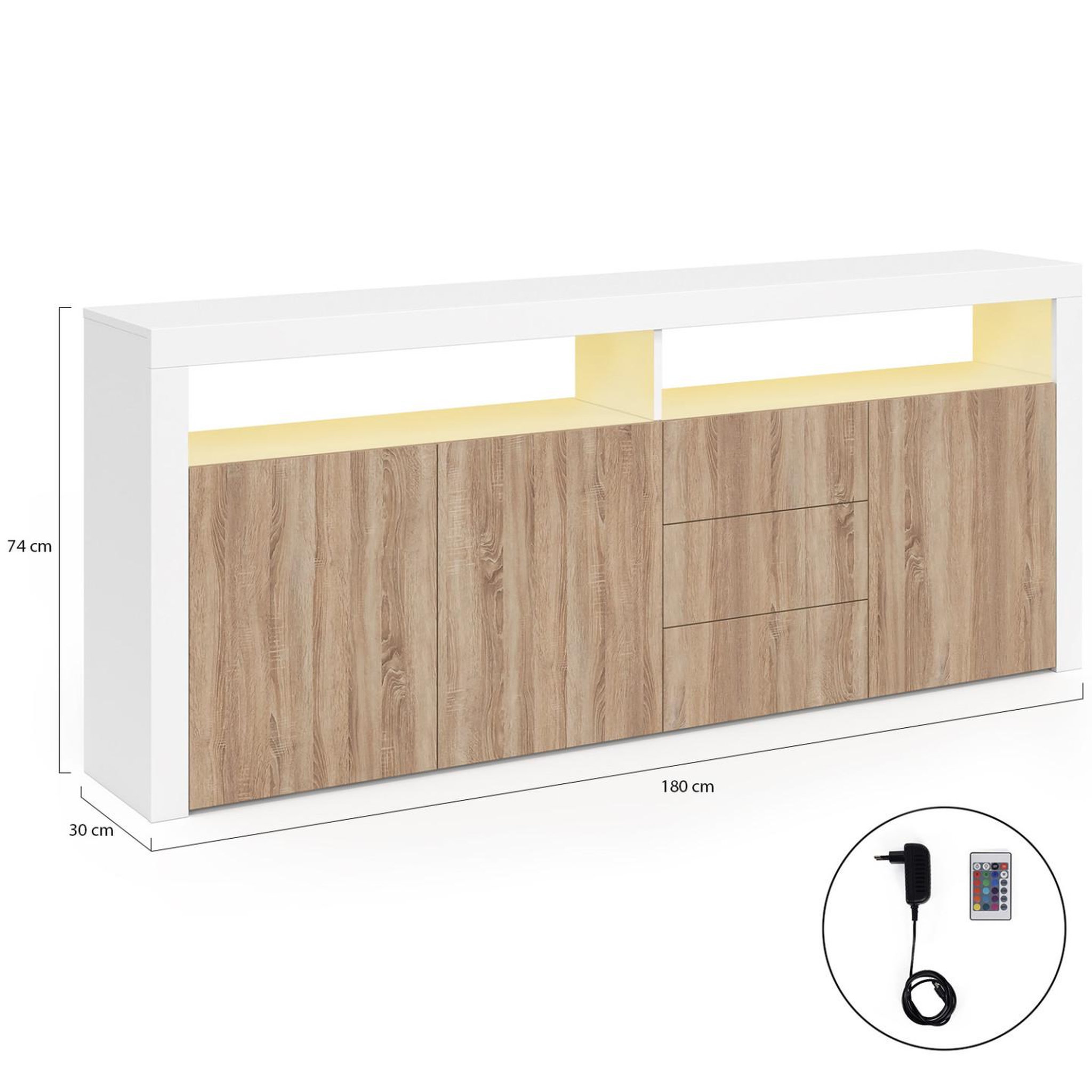 Voir la diapositive 6 : ID MARKET Buffet 180 cm elight xxl 3 portes et 3 tiroirs avec led et niches blanc et bois façon hêtre