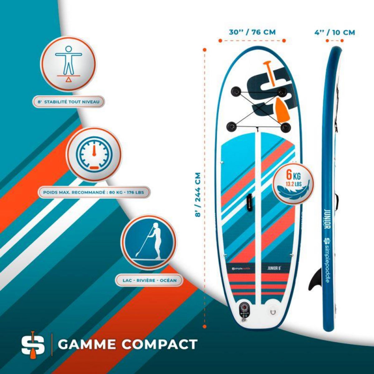 SIMPLE PADDLE Stand up Paddle Gonflable JUNIOR 8' 30'' 4'' (244 x 76 x 10 cm) Gamme COMPACT avec Pagaie, Leash, Pompe et Sac de Transport