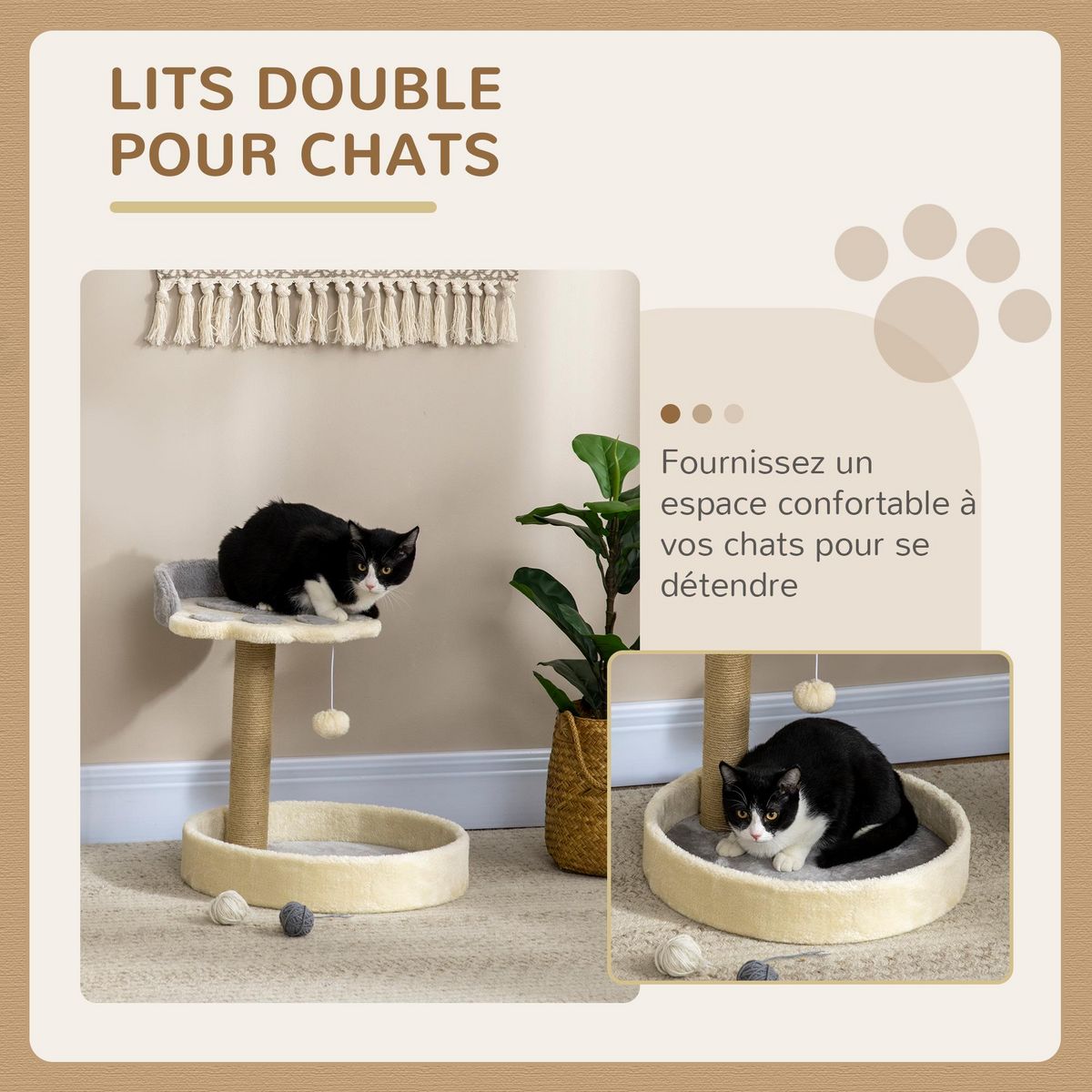 PAWHUT Arbre à chat griffoir design patte de chat jeu boule suspendue panier plateforme observation peluche beige gris jute naturelle