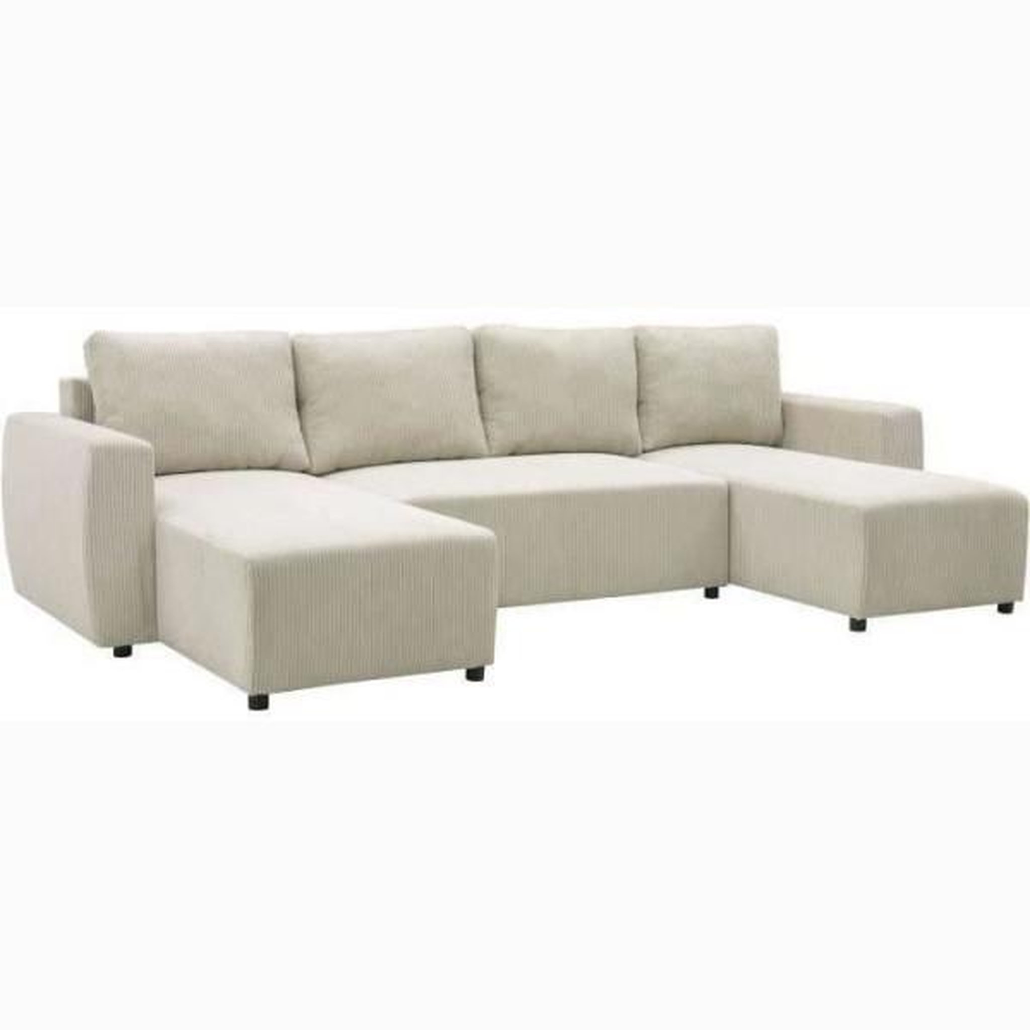 Voir la diapositive 3 : MARKET24 Canapé d'angle convertible panoramique PHARELL 7 places - Velours côtelé beige - Coffre de rangement - L297 x P155 x H85