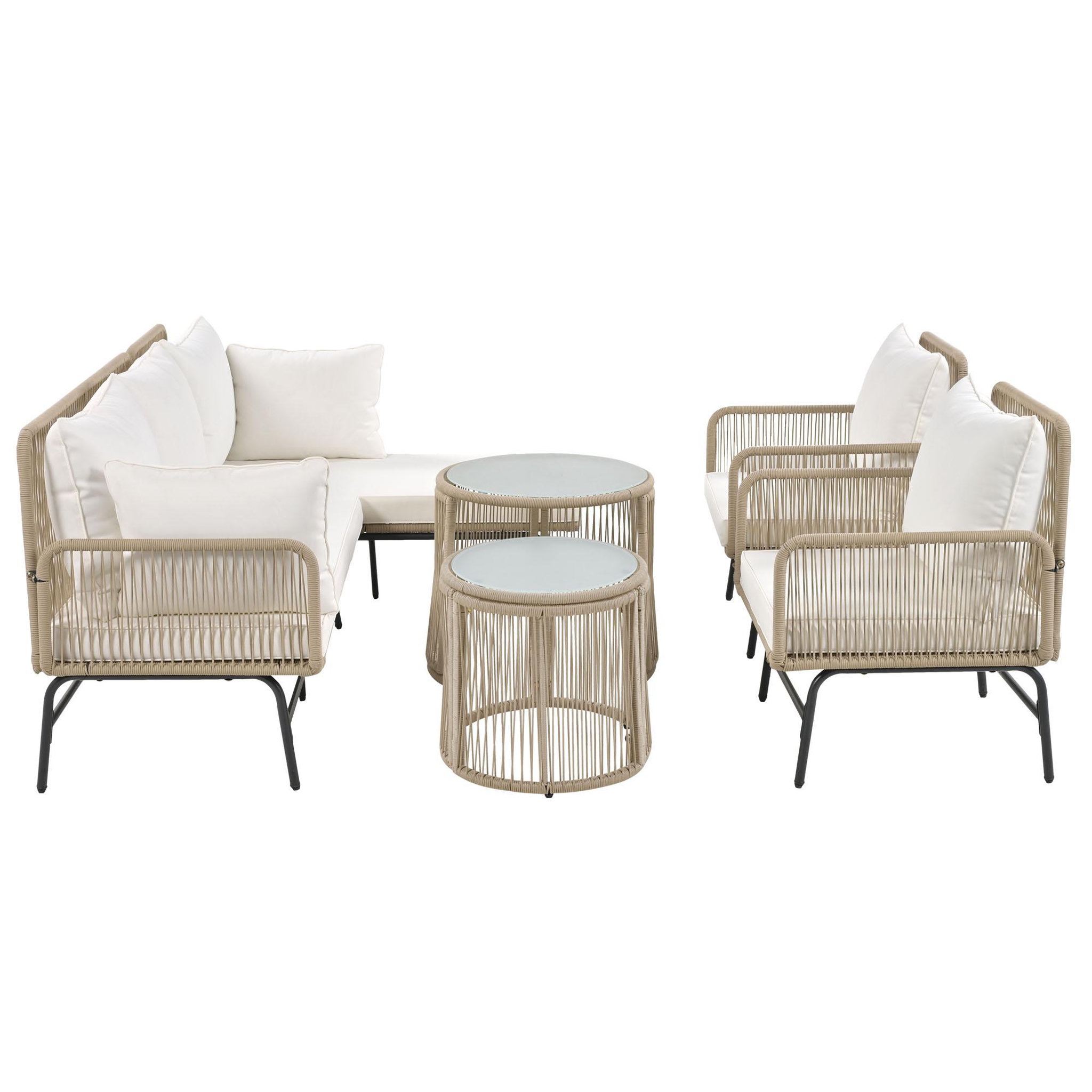 Voir la diapositive 1 : MERAX Salon de jardin 6 places en fer avec 2 fauteuils, 2 canapés, 2 tables, coussins, beige