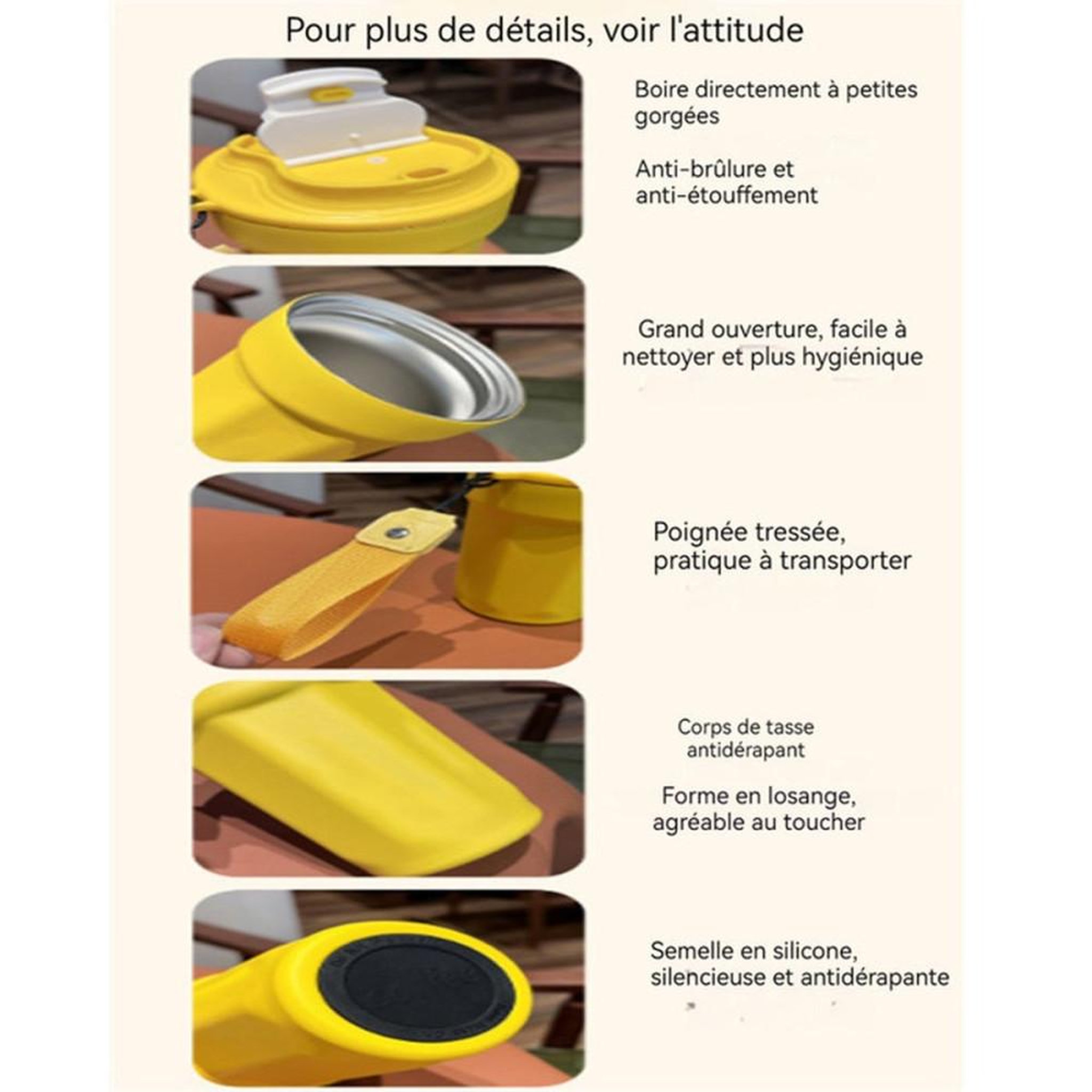 Voir la diapositive 4 : Mug isotherme thermos portable 450 ml inox double vide et couvercle étanche à deux positions, anses amovible, base antidérapante