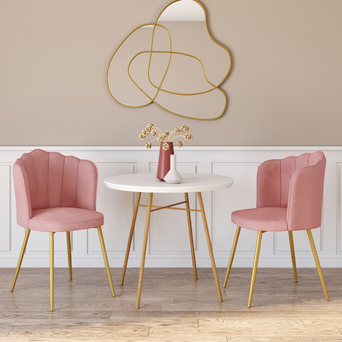 ID MARKET Lot de 2 chaises coquillage ADELLA rose en velours pieds dorés