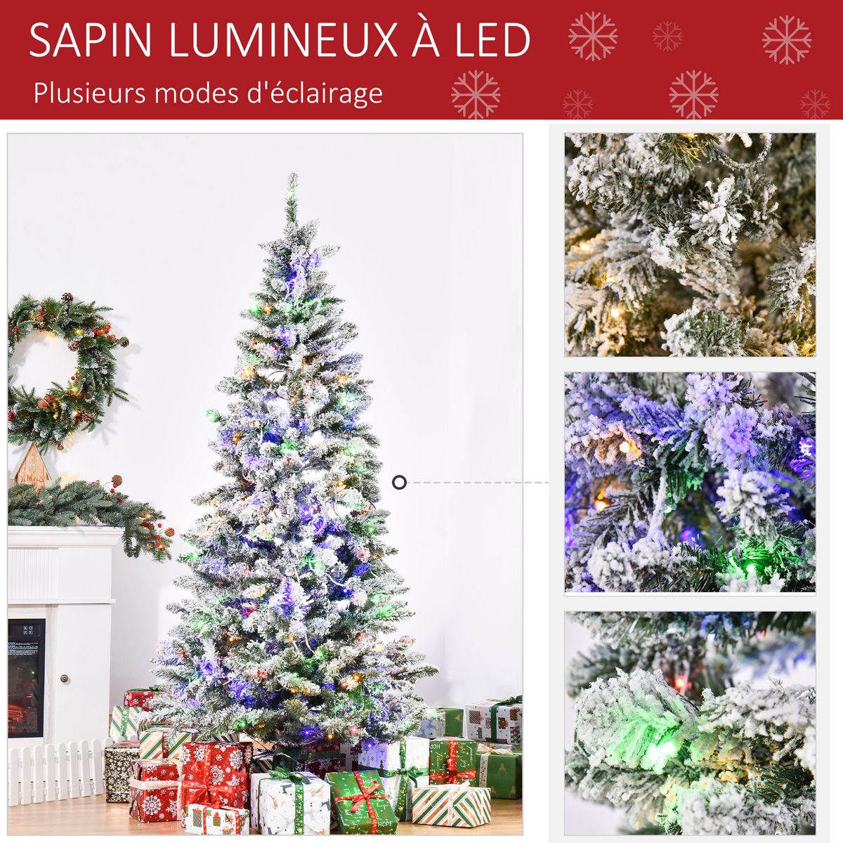 HOMCOM Sapin de Noël artificiel enneigé lumineux LED x 250 multicolore Ø 112 x 210H cm 829 branches vert blanc