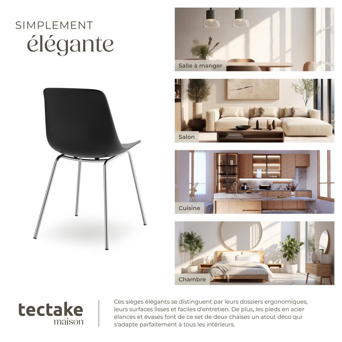 tectake Chaises en plastique grande coupe en plastique noir/gris chrome Lot de 2