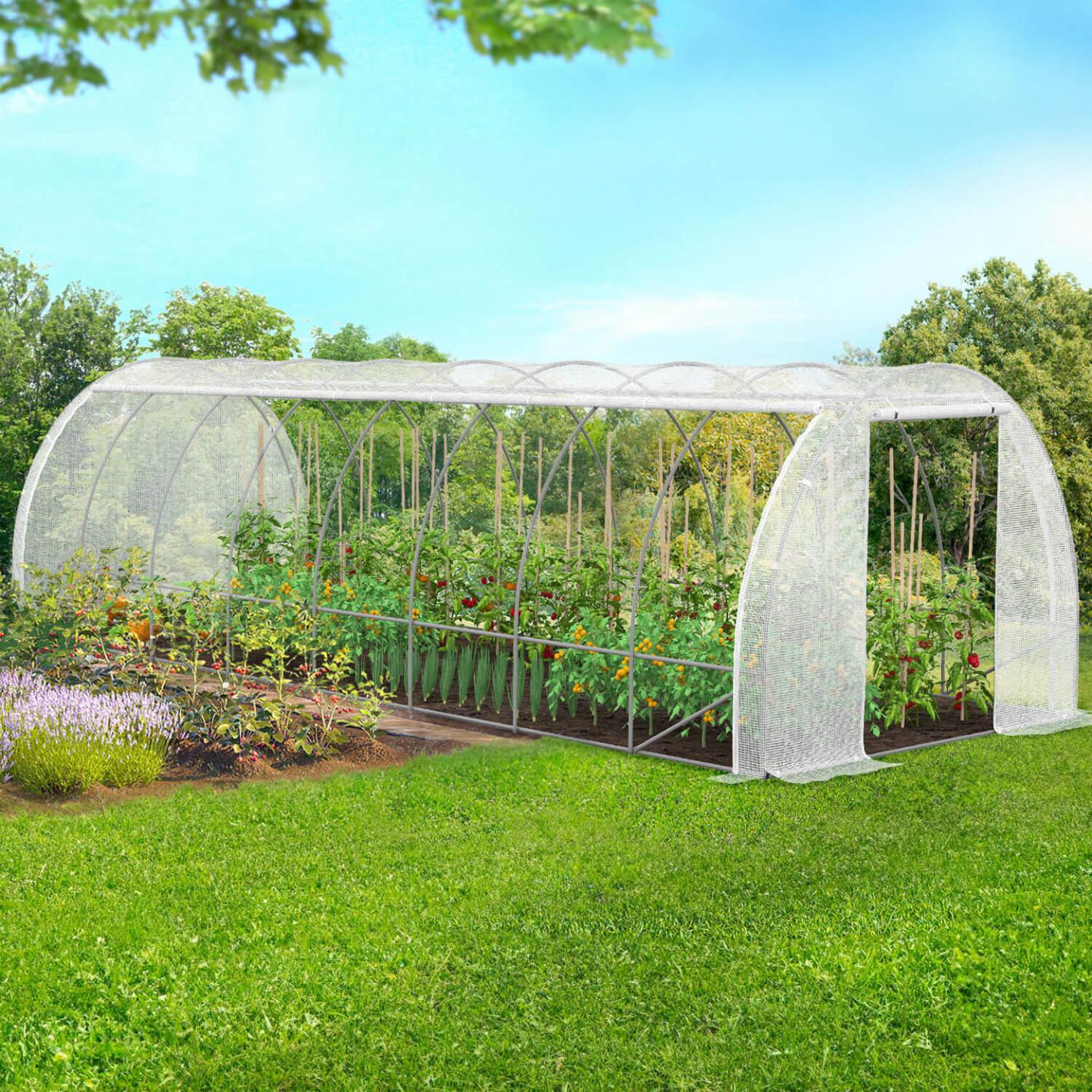 Voir la diapositive 2 : ID MARKET Serre de jardin tunnel 24m² 8 x 3 x 2 m acier galvanisé + bâche anti-uv avec porte et fenêtres des andes blanche toutes saisons