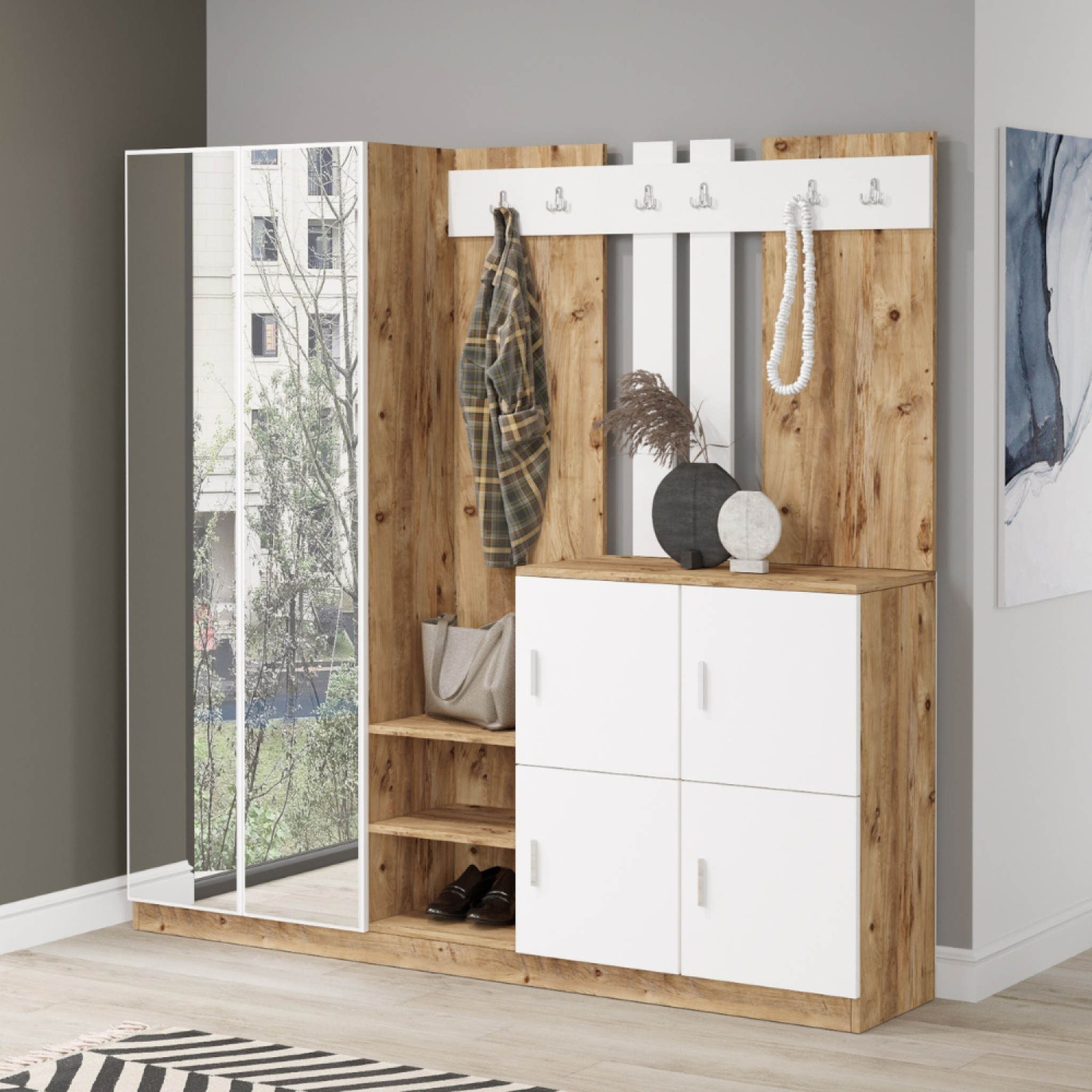 Voir la diapositive 6 : CONCEPT USINE Meuble d'entrée avec miroir bois et blanc anka
