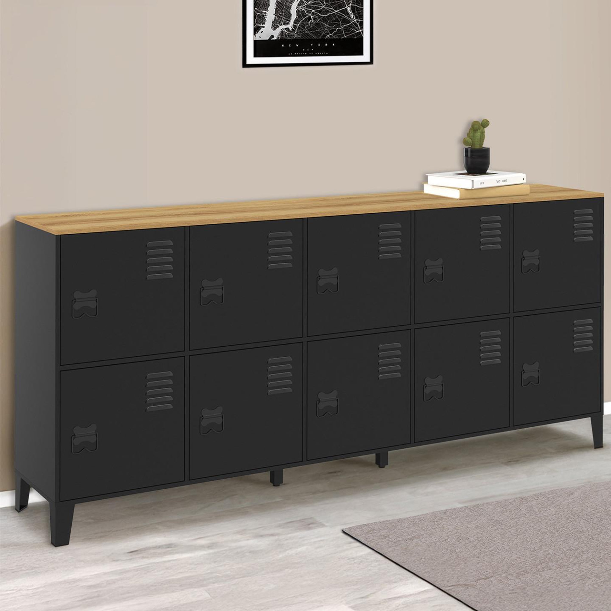 Voir la diapositive 2 : ID MARKET Buffet casier 180 cm ESTER 10 portes en métal noir plateau bois design industriel