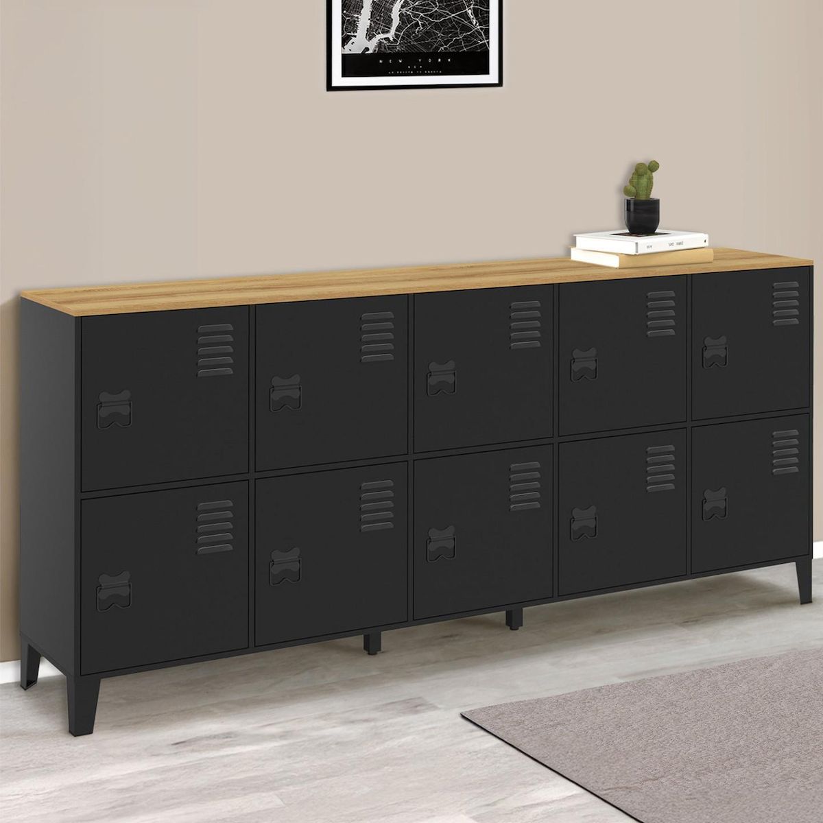 ID MARKET Buffet casier 180cm ESTER 10 portes en métal noir plateau bois design industriel