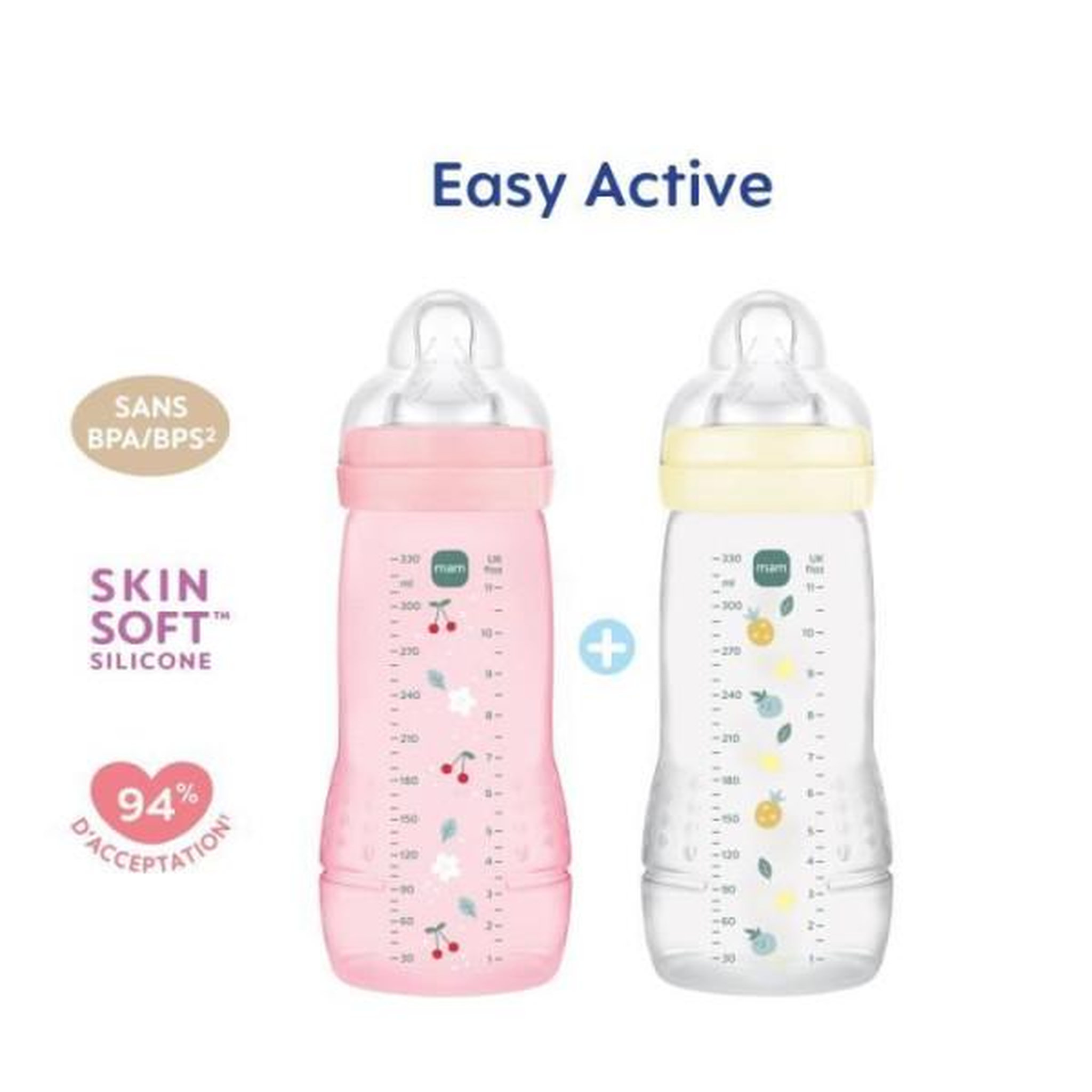 Voir la diapositive 2 : MAM Lot de 2 biberons - mam baby - easy active - +6 mois - 330 ml - tétine débit x - berry + pearl