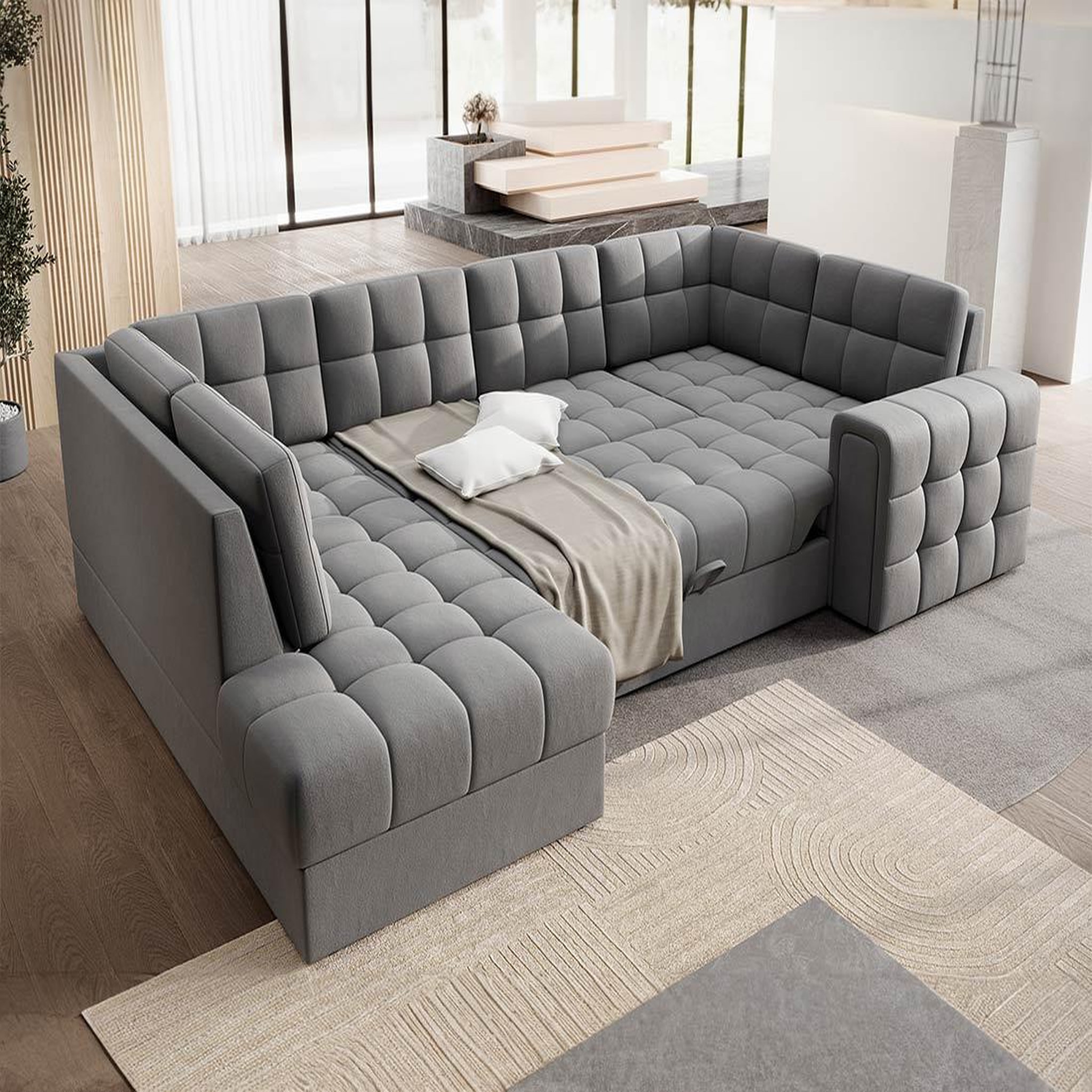 Voir la diapositive 2 : BEST MOBILIER Nappa - canapé panoramique d'angle droit 7 places convertible avec coffre en velours