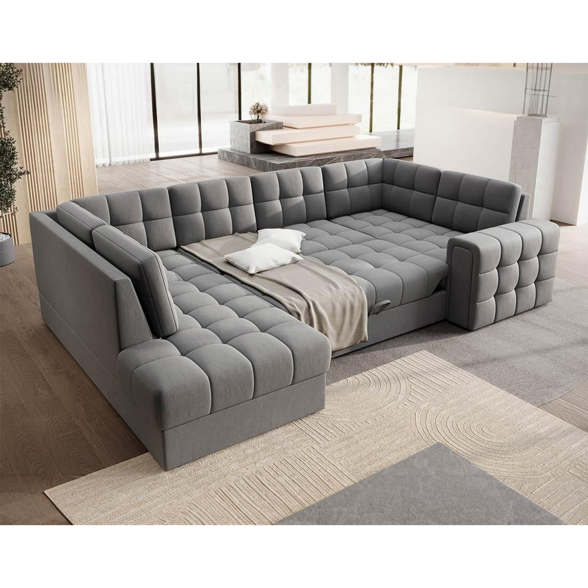 BEST MOBILIER Nappa - canapé panoramique d'angle droit 7 places convertible avec coffre en velours