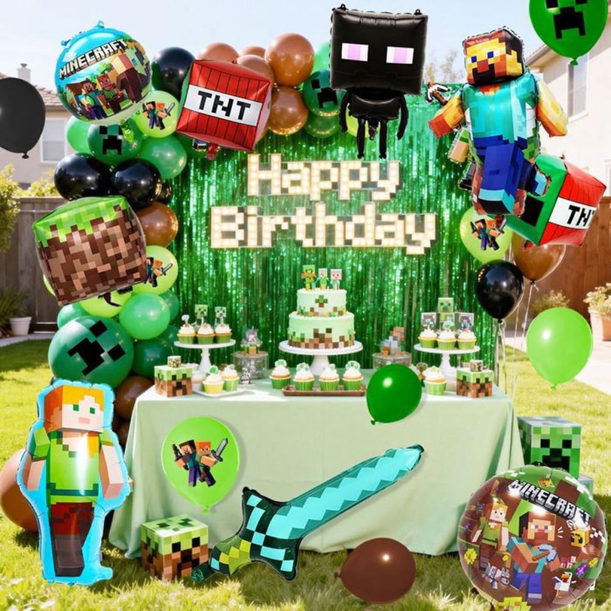 Voir la diapositive 6 : Kit déco ballons anniversaire Minecraft Creeper & blocs pixel avec arche et points de colle, vert et brun