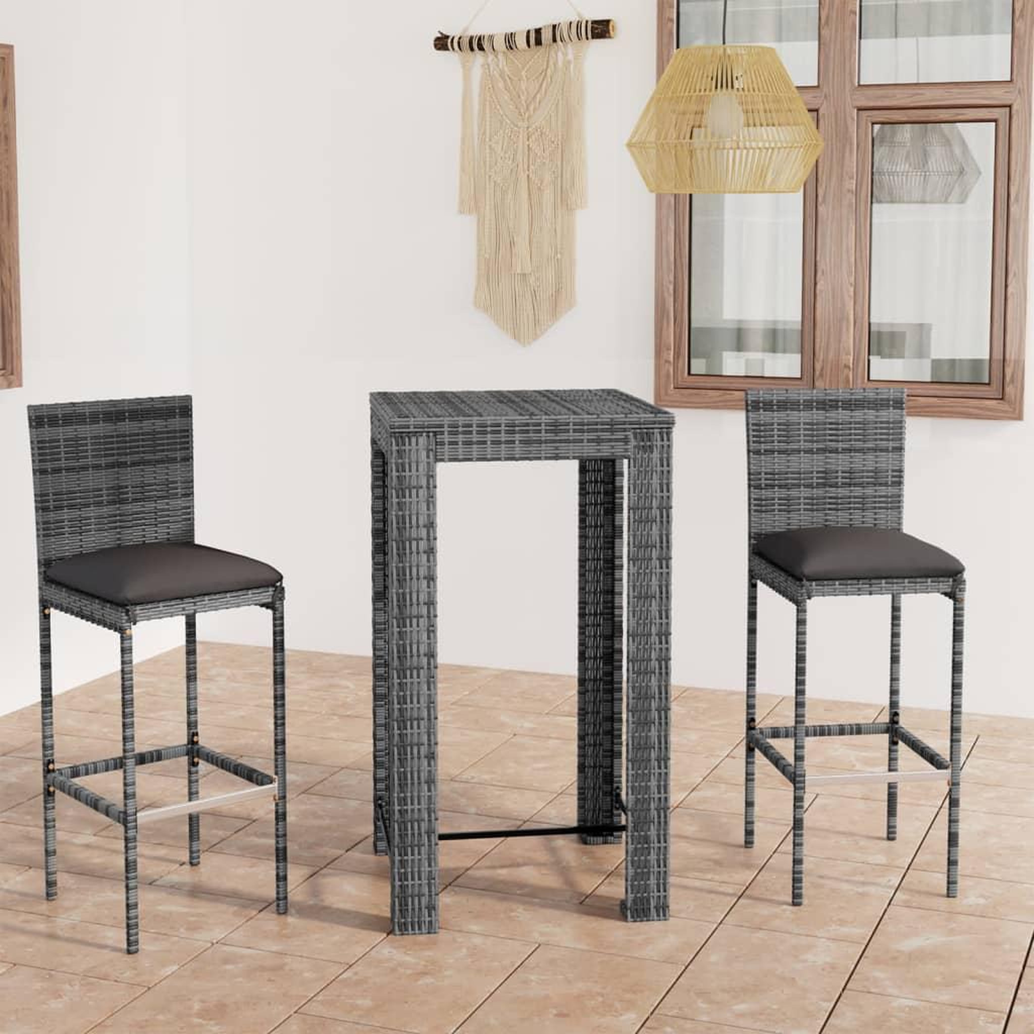 Voir la diapositive 1 : VIDAXL Ensemble de bar de jardin 3 pcs et coussins Resine tressee Gris