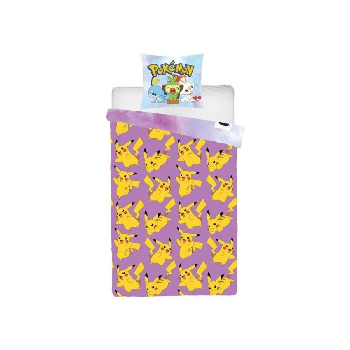 Pokemon Parure de lit réversible - POKEMON - Pikachu - Microfibre - 1 housse de couette 140 x 200 cm + 1 taie 63 x 63 cm