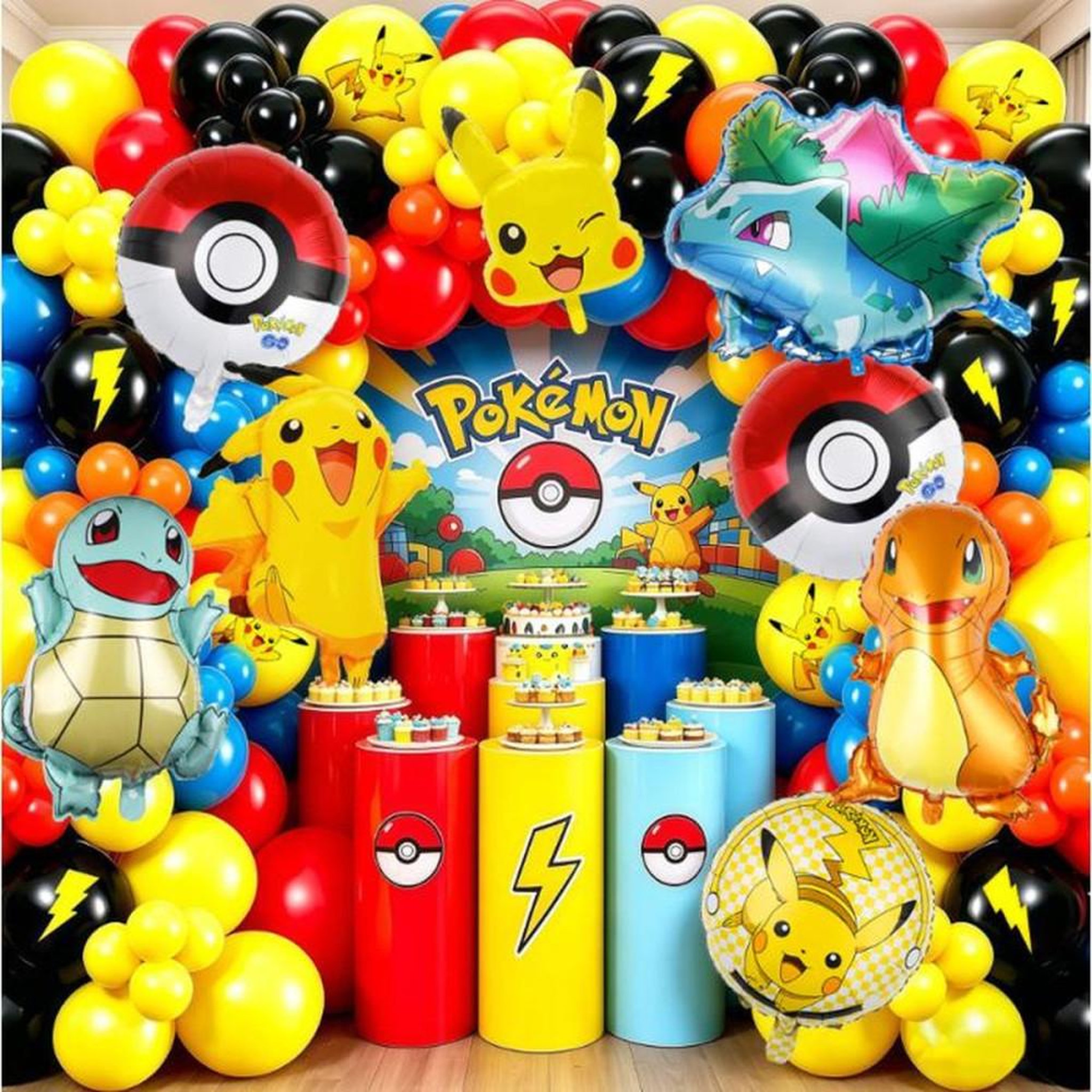 Coffret ballons anniversaire Pokémon : Pikachu, Séléction de ballons avec Poké Ball et Charizard