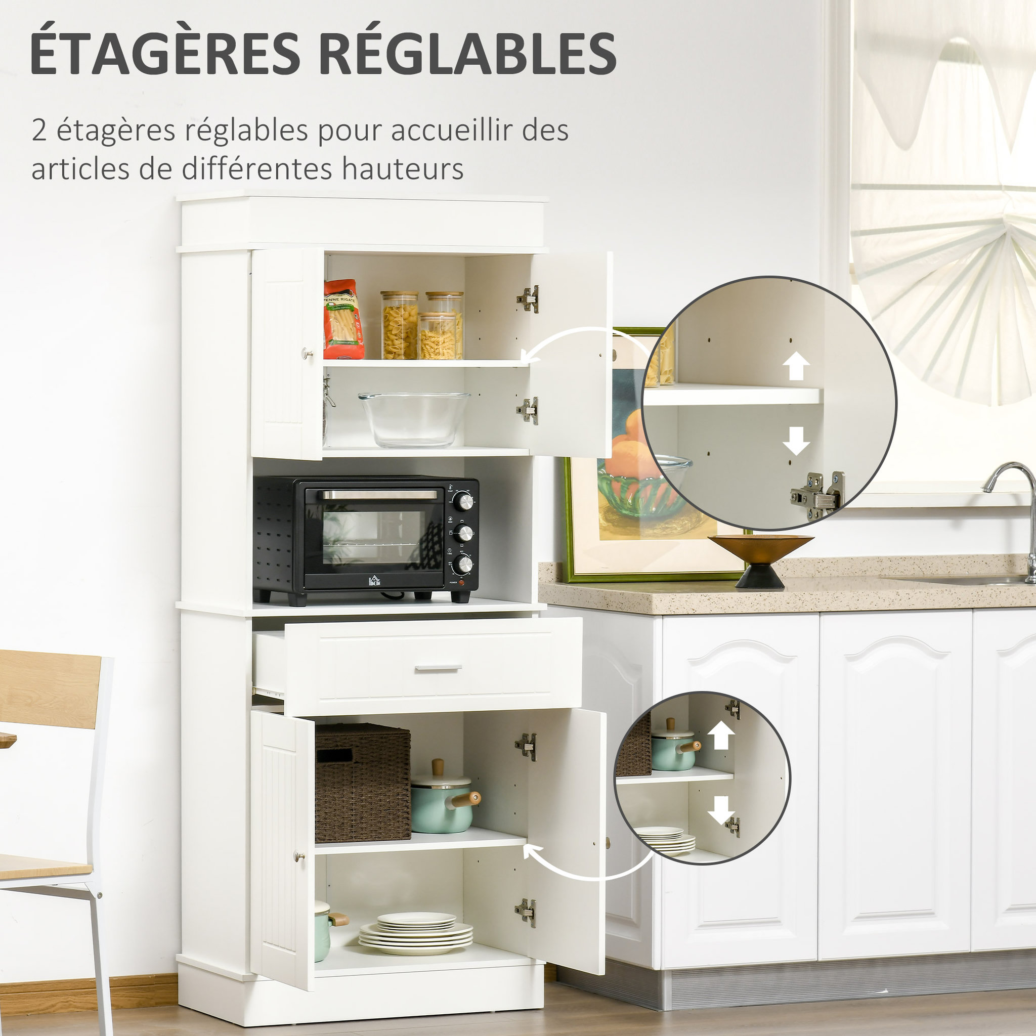 Voir la diapositive 5 : HOMCOM HOMCOM Armoire de cuisine contemporaine multi-rangement 4 portes tiroir coulissant et grand plateau dim. 74L x 39l x 183H cm panneaux particules MDF blanc
