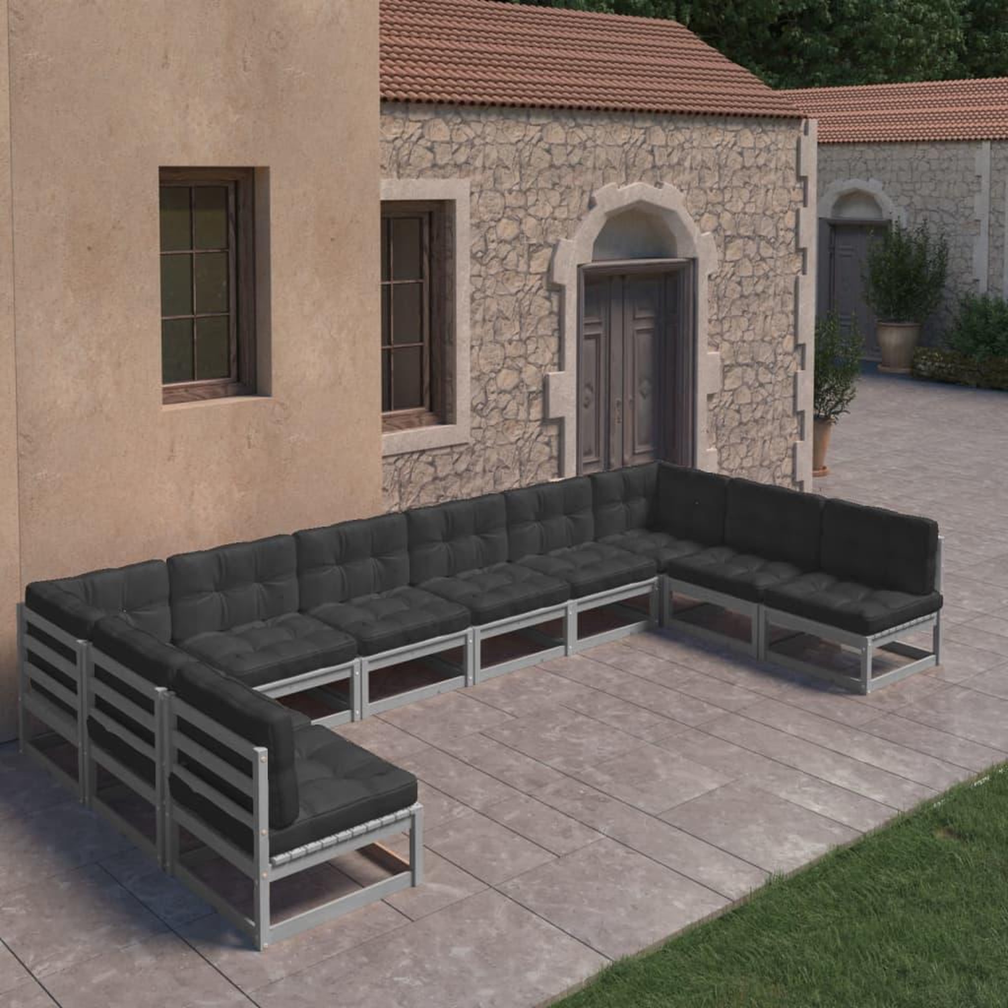 Voir la diapositive 1 : VIDAXL Salon de jardin 10 pcs avec coussins Gris Bois de pin massif