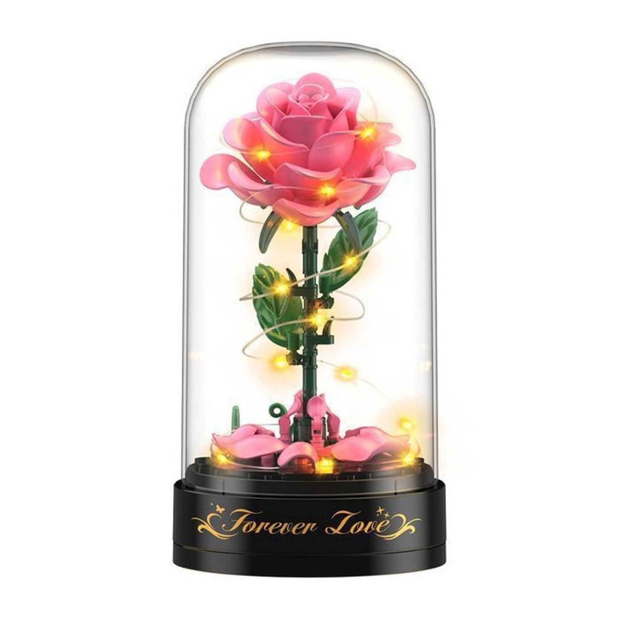 Kit de construction bouquet de roses gothiques avec LEDs intégrées, 126 pièces, fleurs rose et base noire