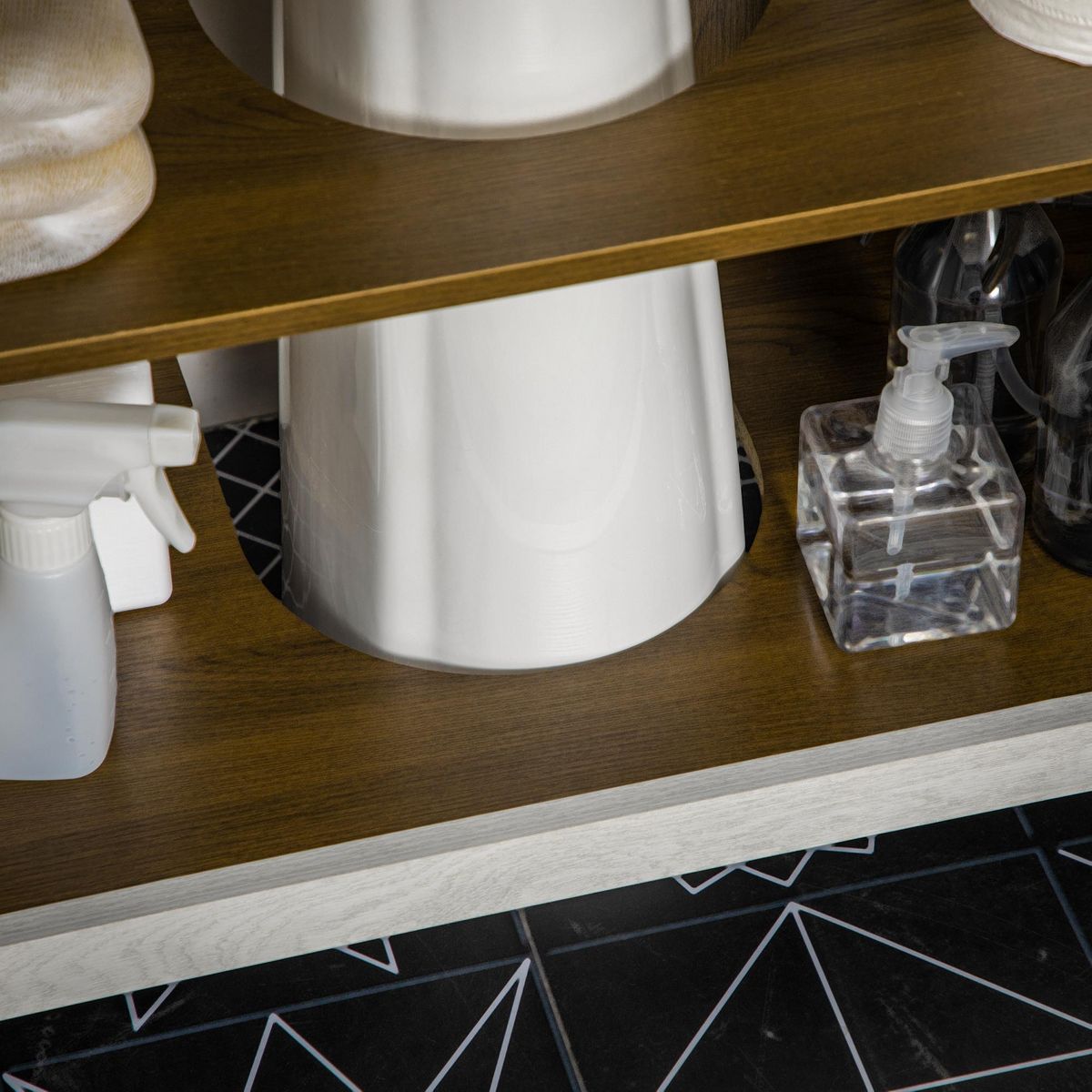 KLEANKIN Meuble salle de bain - meuble sous-vasque - placard 2 portes avec étagère - panneaux blanc aspect bois noyer