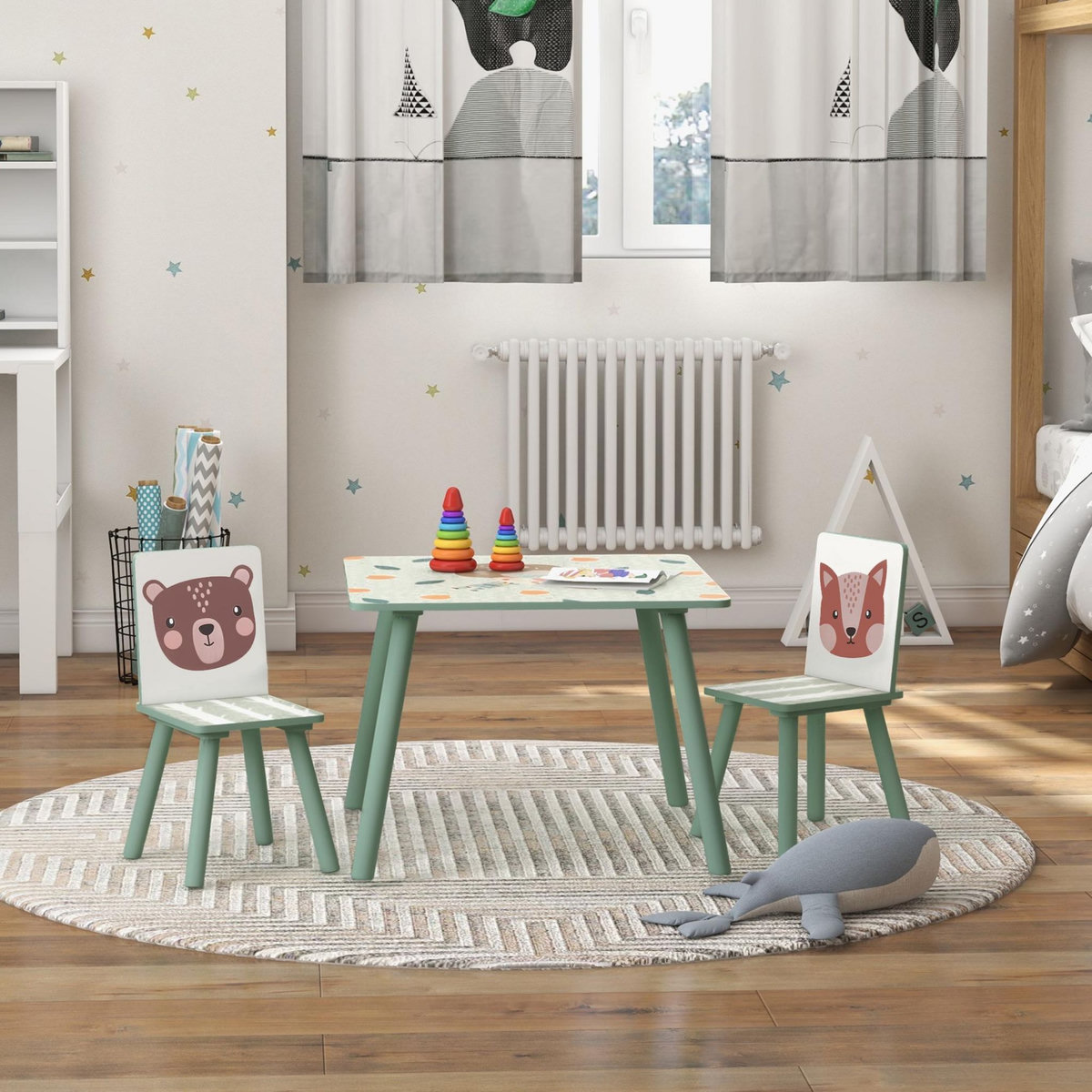 HOMCOM Ensemble table et chaises enfant design animaux de la forêt - table carrée + 2 chaises - bois pin MDF vert