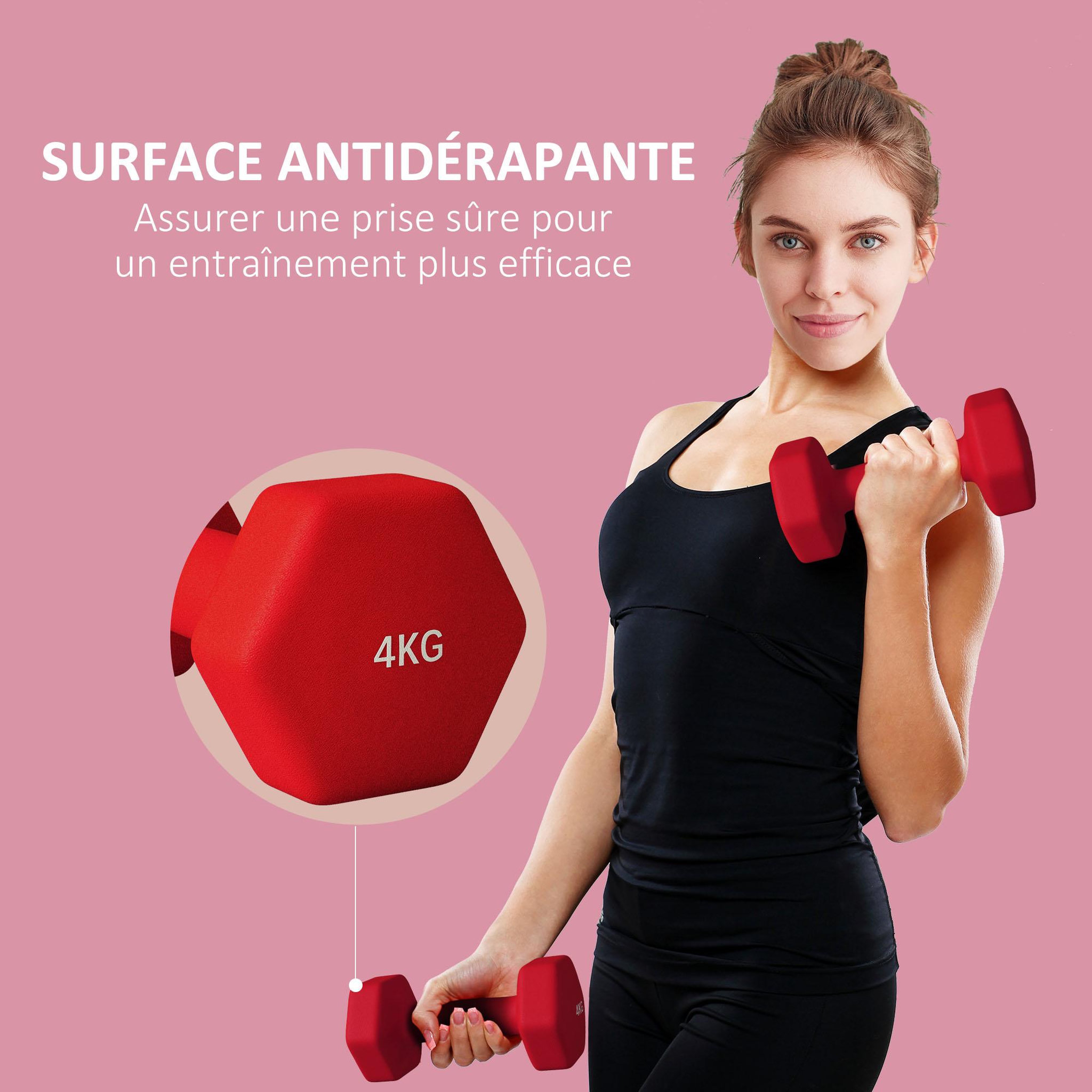 Voir la diapositive 6 : HOMCOM Lot de 2 haltères hexagonales 2 x 4 kg - poignée antidérapante - métal pvc rouge