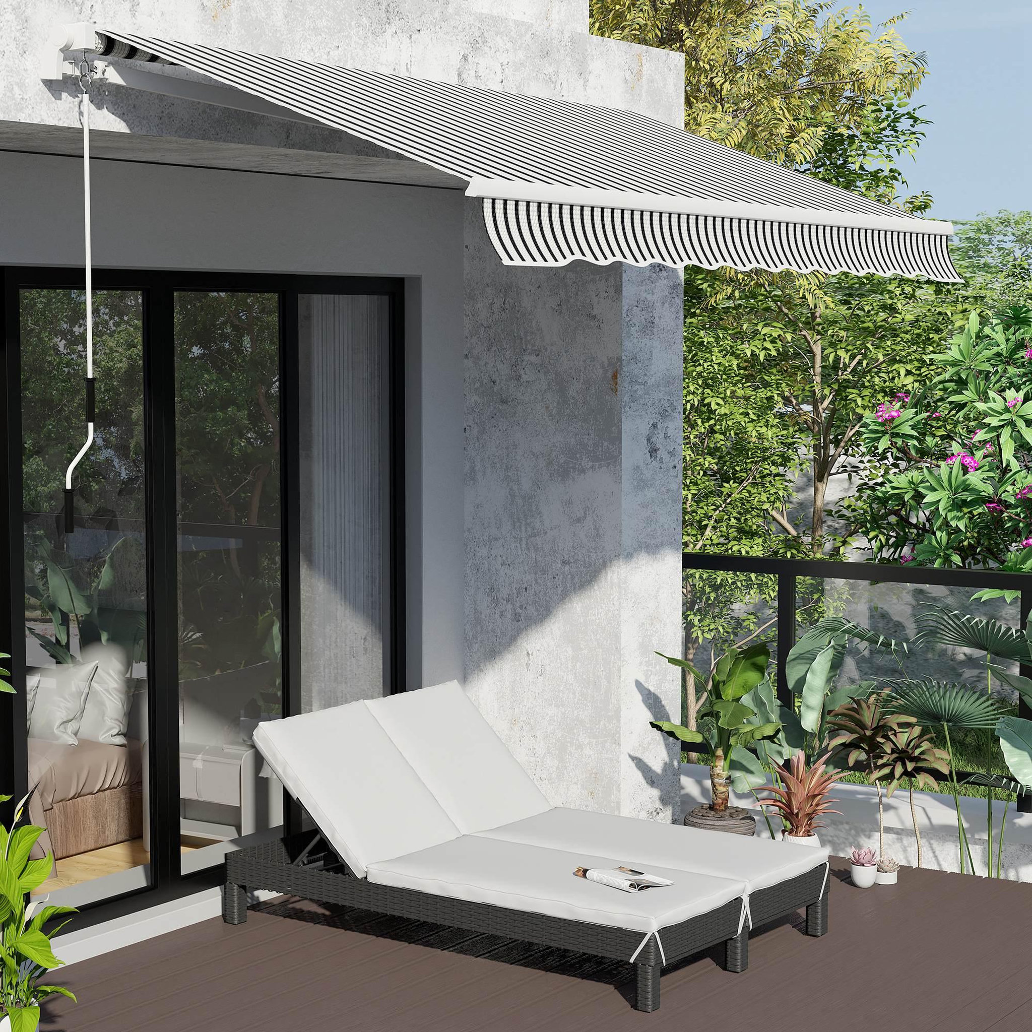 Voir la diapositive 2 : OUTSUNNY Bain de soleil transat 2 places - grand confort - dossier inclinable multi-positions - matelas fournis crème - résine tressée 4 fils noir