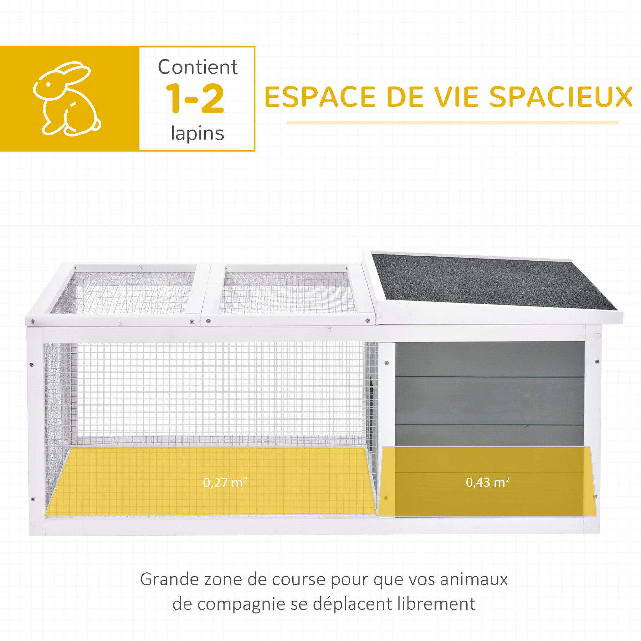 Voir la diapositive 4 : PAWHUT Clapier de sol enclos extérieur niche porte double toit ouvrant fil métallique bois sapin pré-huilé peint gris blanc