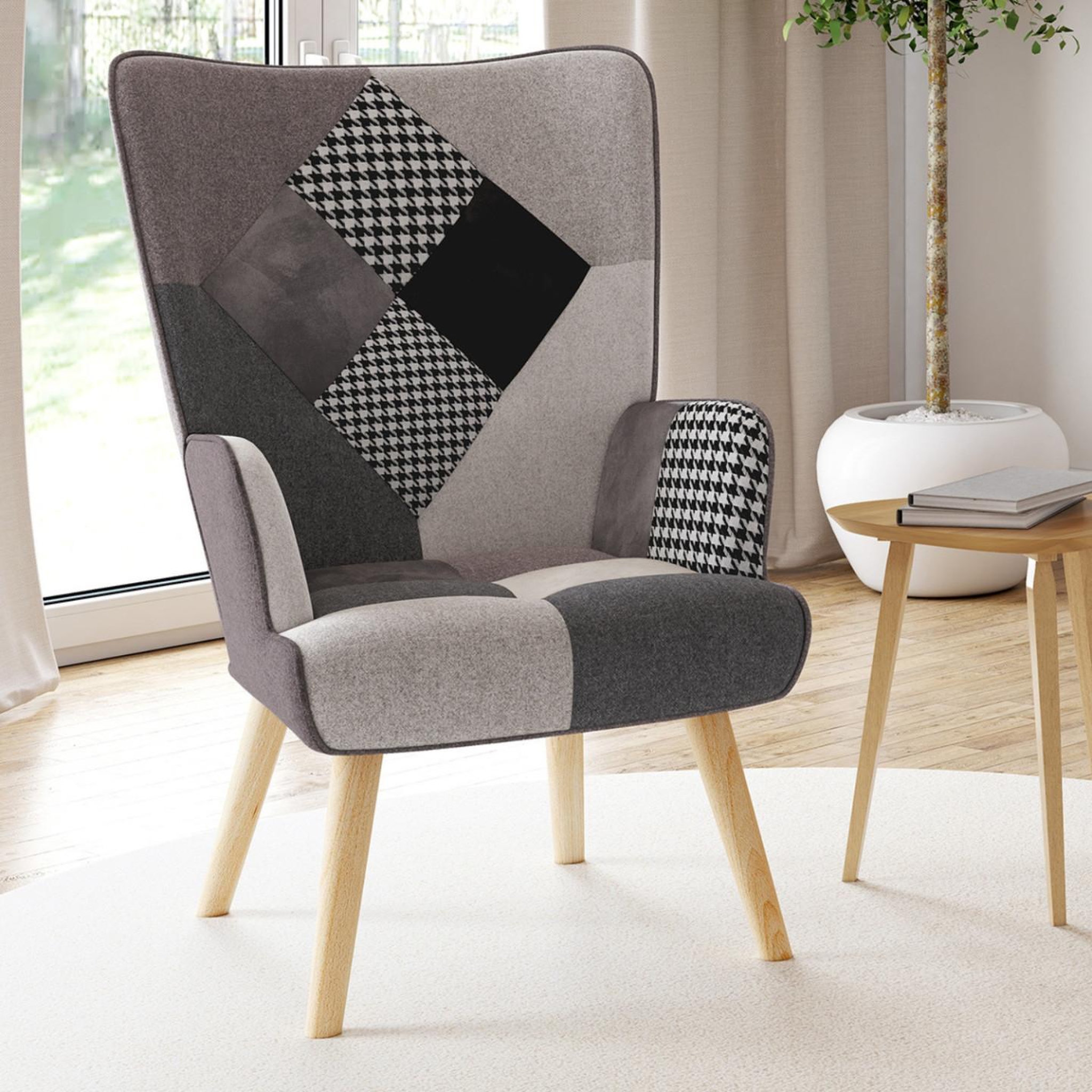 Voir la diapositive 2 : ID MARKET Fauteuil scandinave ivar en tissu patchwork noir, gris et blanc