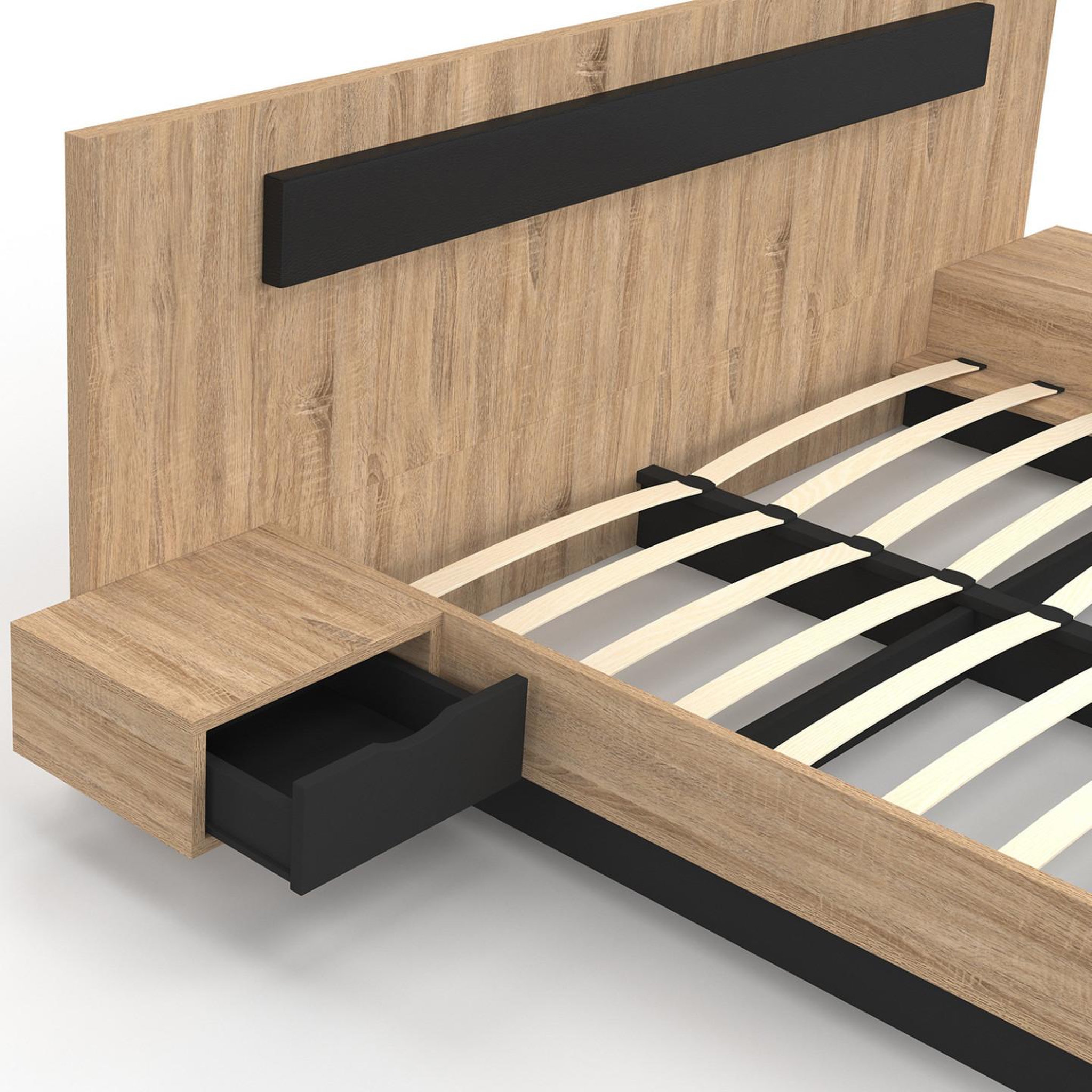 Voir la diapositive 6 : ID MARKET Lit double santa avec tête de lit + tables de chevet intégrées et sommier 160 x 200 cm bois et noir