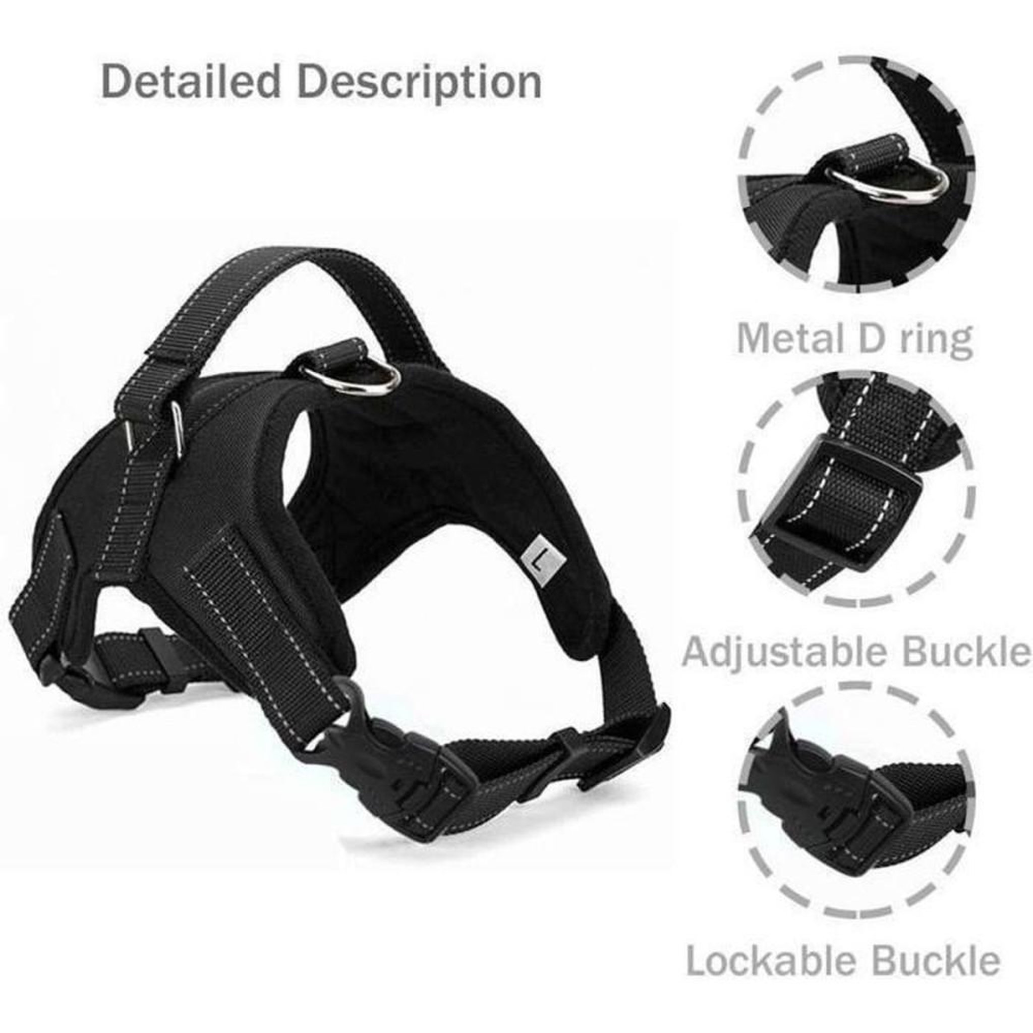 Voir la diapositive 2 : Harnais pour chien XL noir en tissu Oxford avec attache avant anti-traction, poignée de contrôle et coutures réfléchissantes