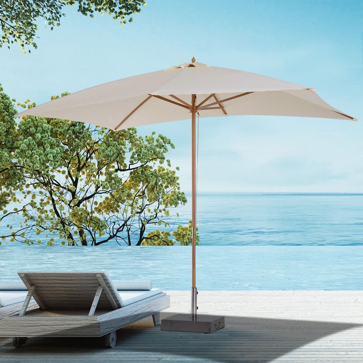OUTSUNNY Parasol droit rectangulaire bois polyester haute densité 2,95L x 2l x 2,55H m crème