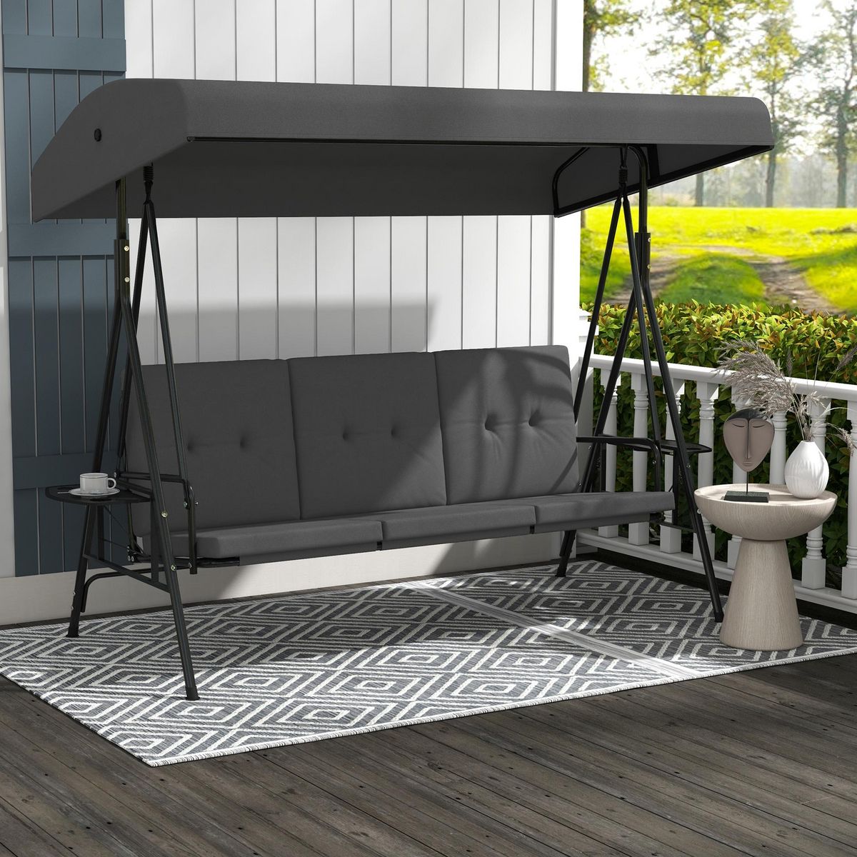 OUTSUNNY Balancelle de jardin 3 places grand confort - toit réglable, 2 tablettes latérales, coussins - acier polyester anthracite