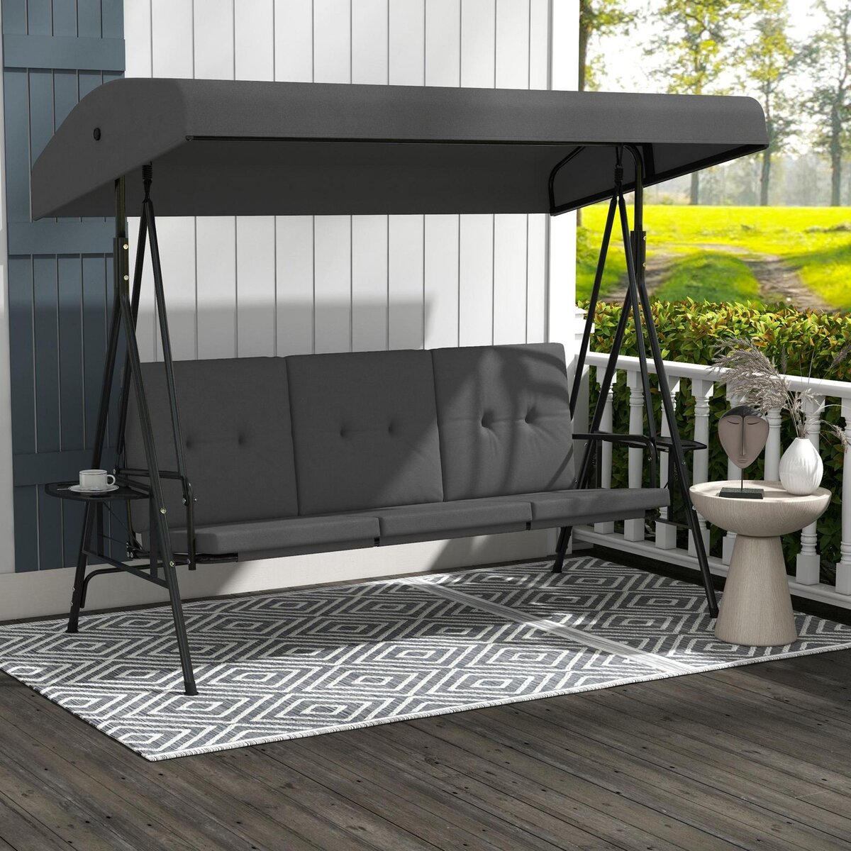 OUTSUNNY Balancelle de jardin 3 places grand confort - toit réglable, 2 tablettes latérales, coussins - acier polyester anthracite