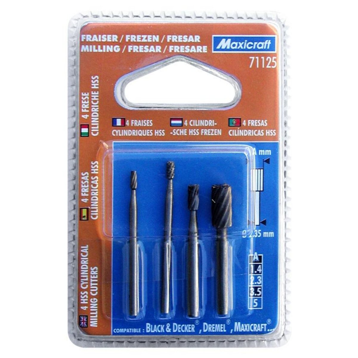 MAXICRAFT 4 fraises HSS cylindriques 1,4 à 5,0 mm