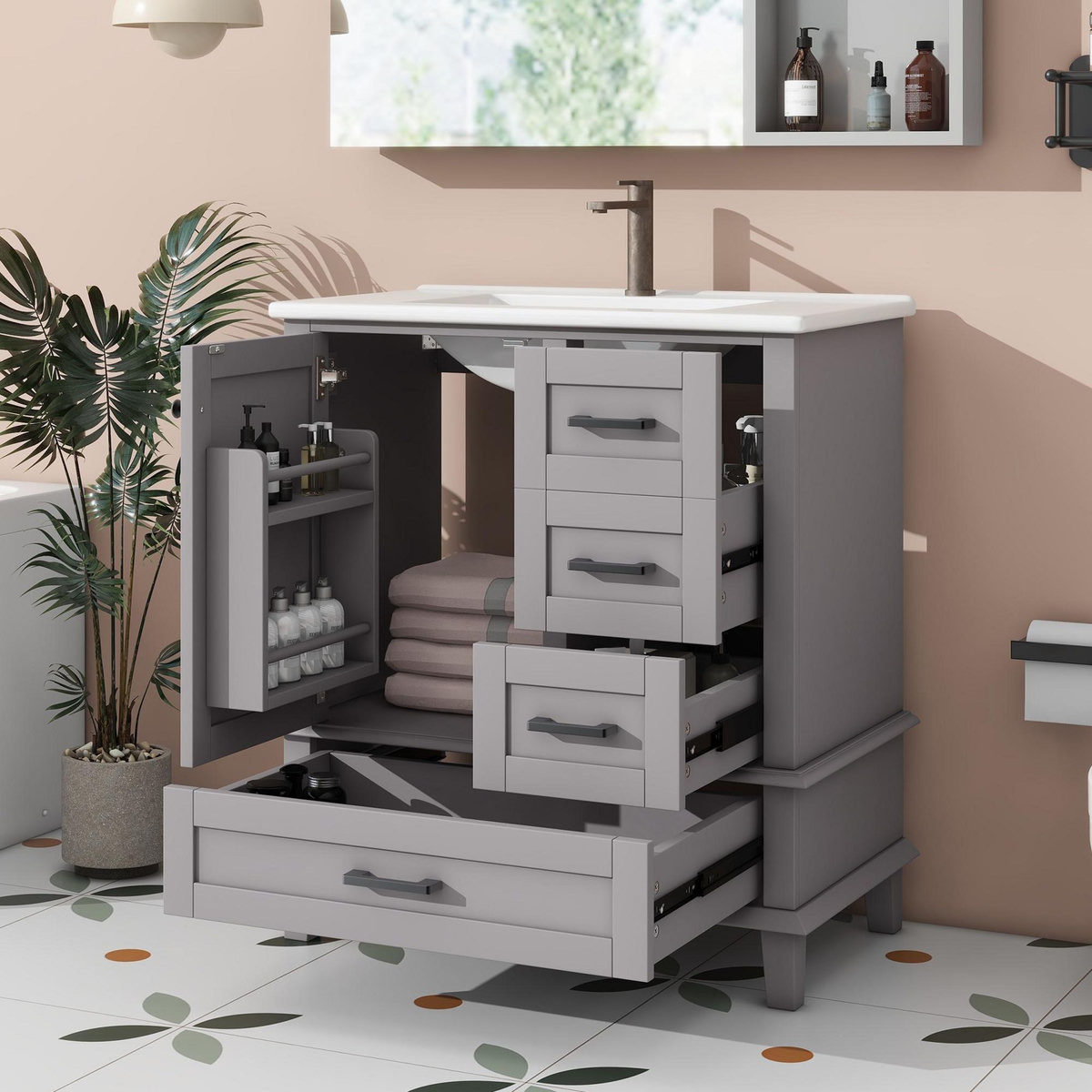 MERAX Meuble De Salle De Bain Vasque 1 Porte Et 3 Tiroirs Gris