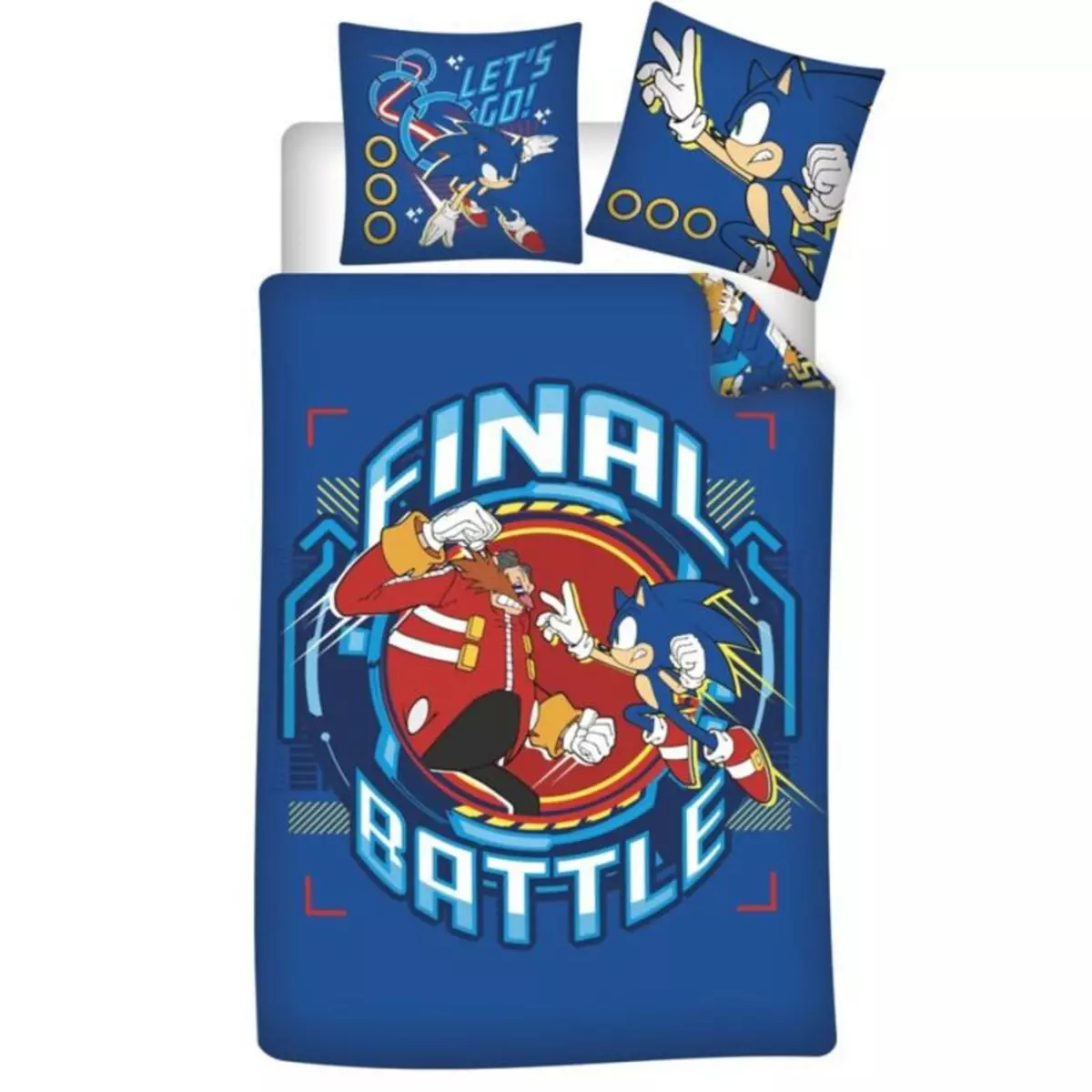 NINTENDO Gamer Déco - Parure de Lit Enfant Coton Réversible Bleu Sonic Final Battle - Housse de Couette 140x200 Taie 65x65 cm
