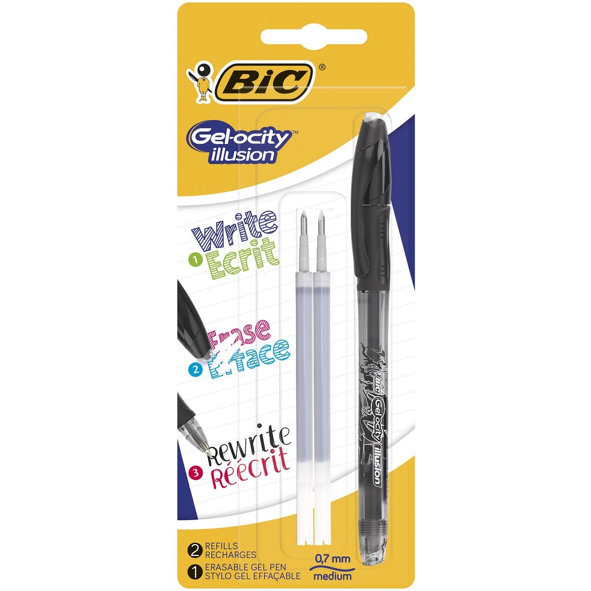 BIC Stylo gel effaçable pointe moyenne noir GEL-OCITY ILLUSION (lot de 1 + 2 recharges)