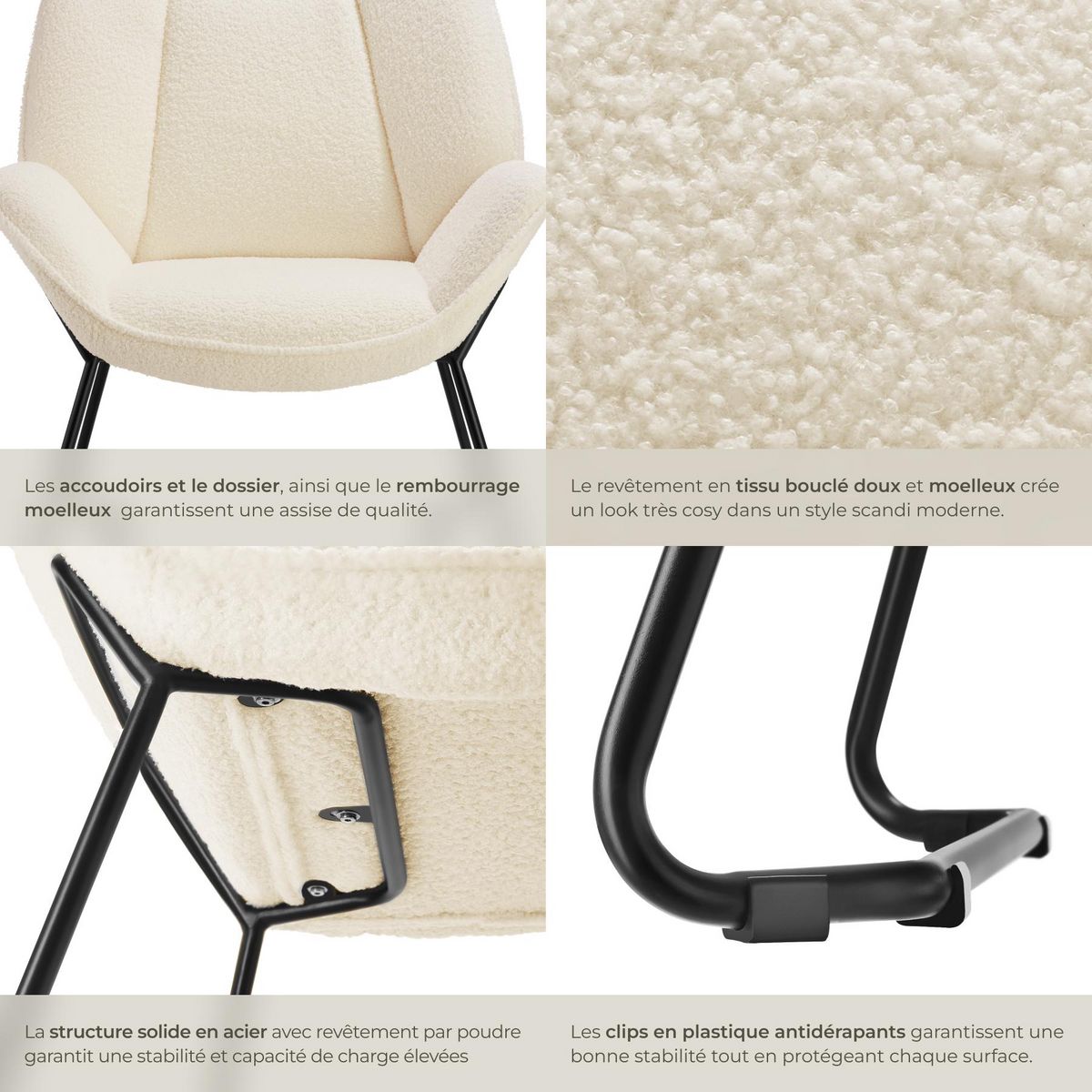 tectake Fauteuil rembourré avec revêtement bouclé crème-blanc