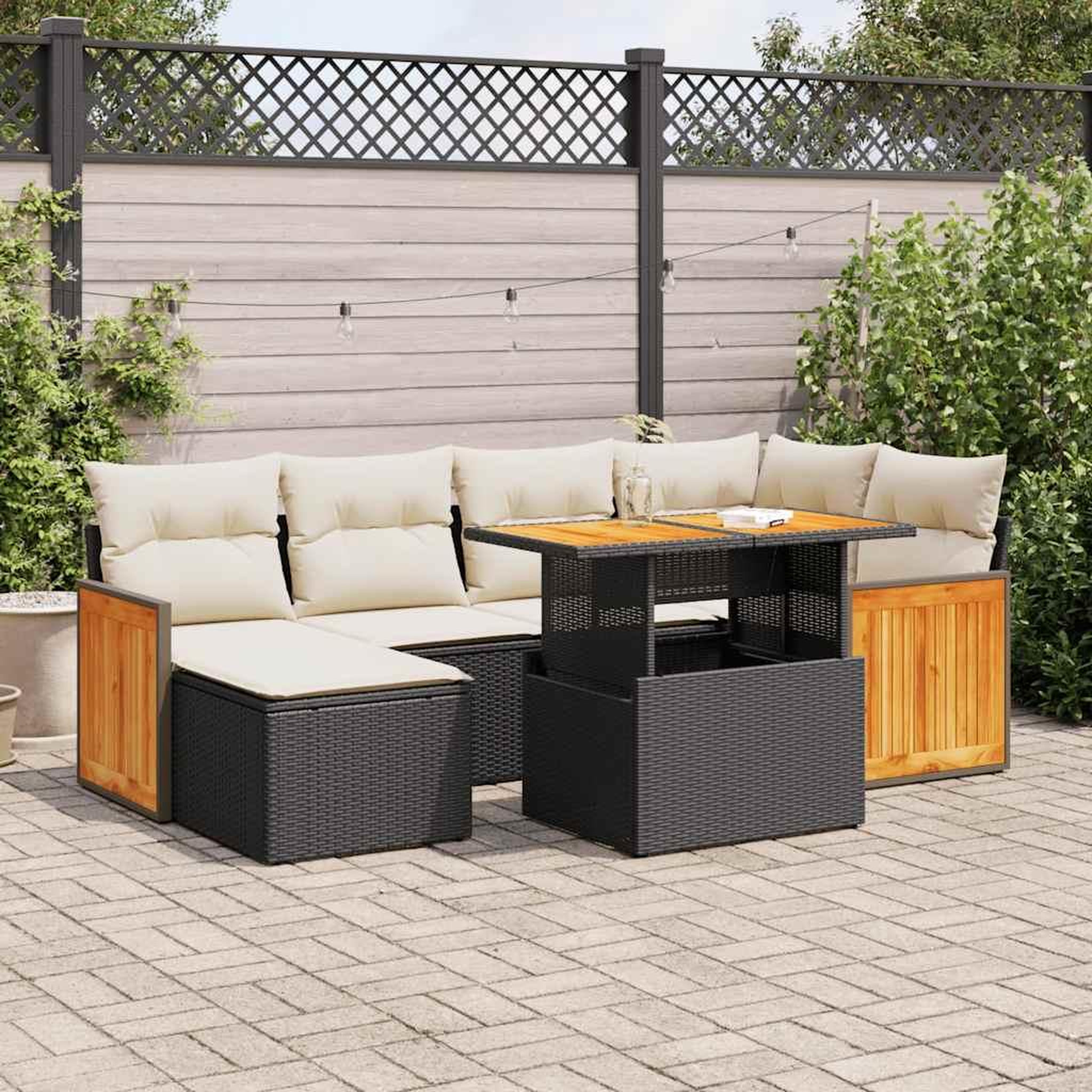 VIDAXL Salon de jardin avec coussins 7 pcs noir resine tressee acacia