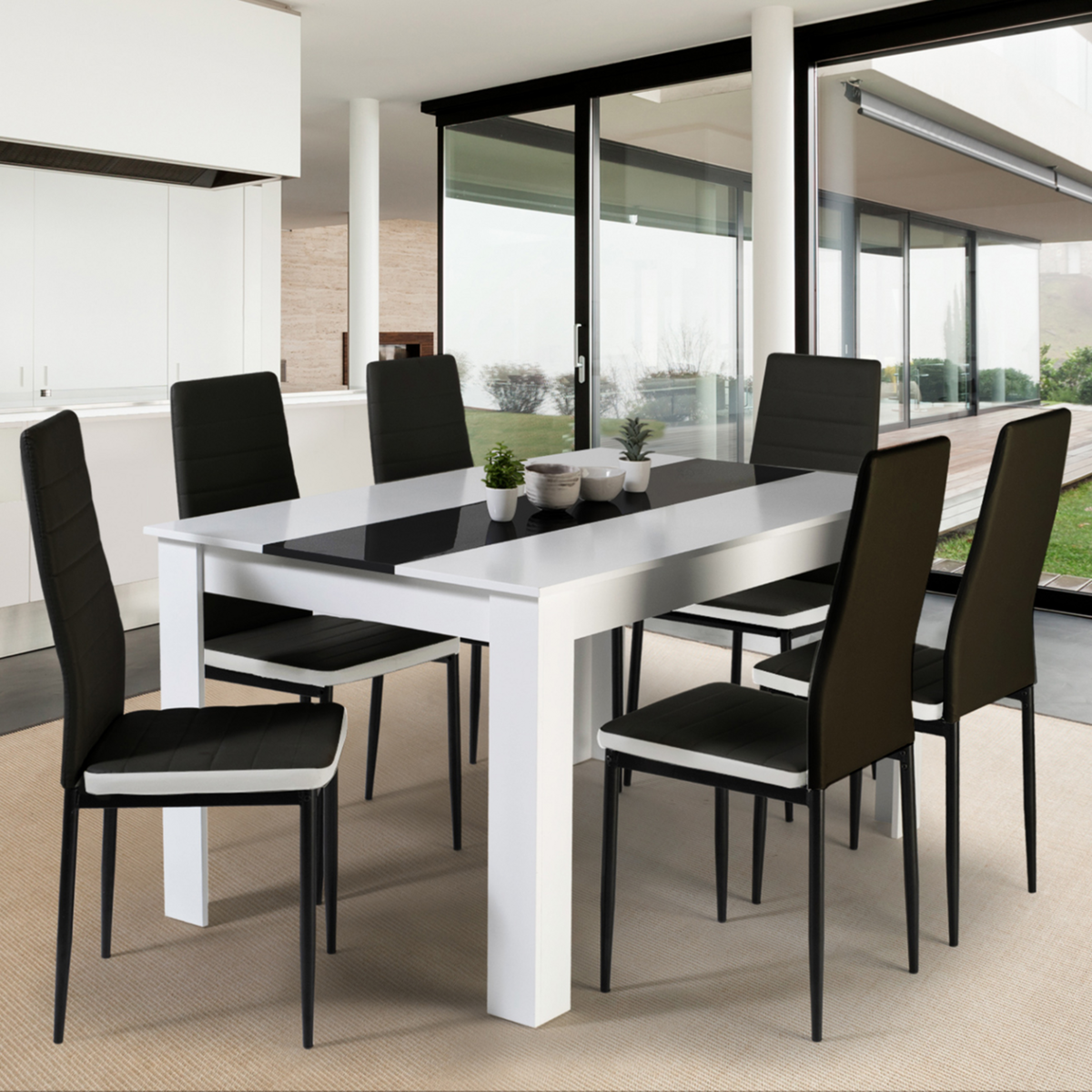 ID MARKET Ensemble table à manger GEORGIA 140 cm blanche et noire et 6 chaises ROMANE noires liseré blanc