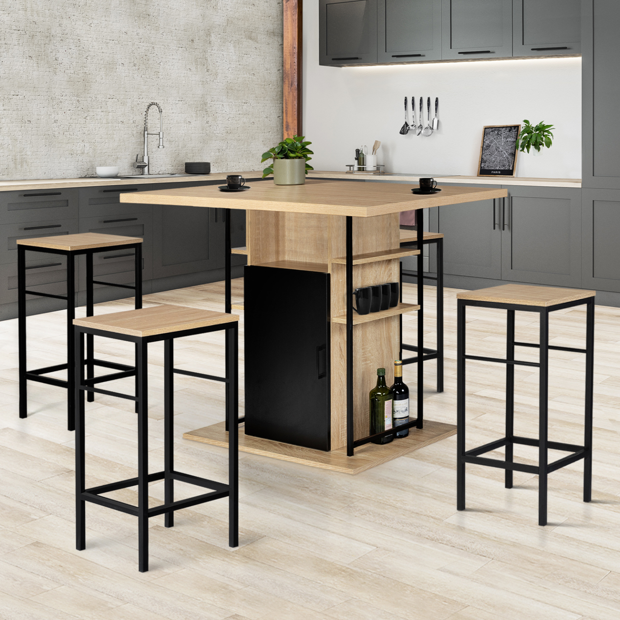 Voir la diapositive 2 : ID MARKET Ensemble ilot central 110 cm bois noir et imitation hêtre et 4 tabourets design industriel