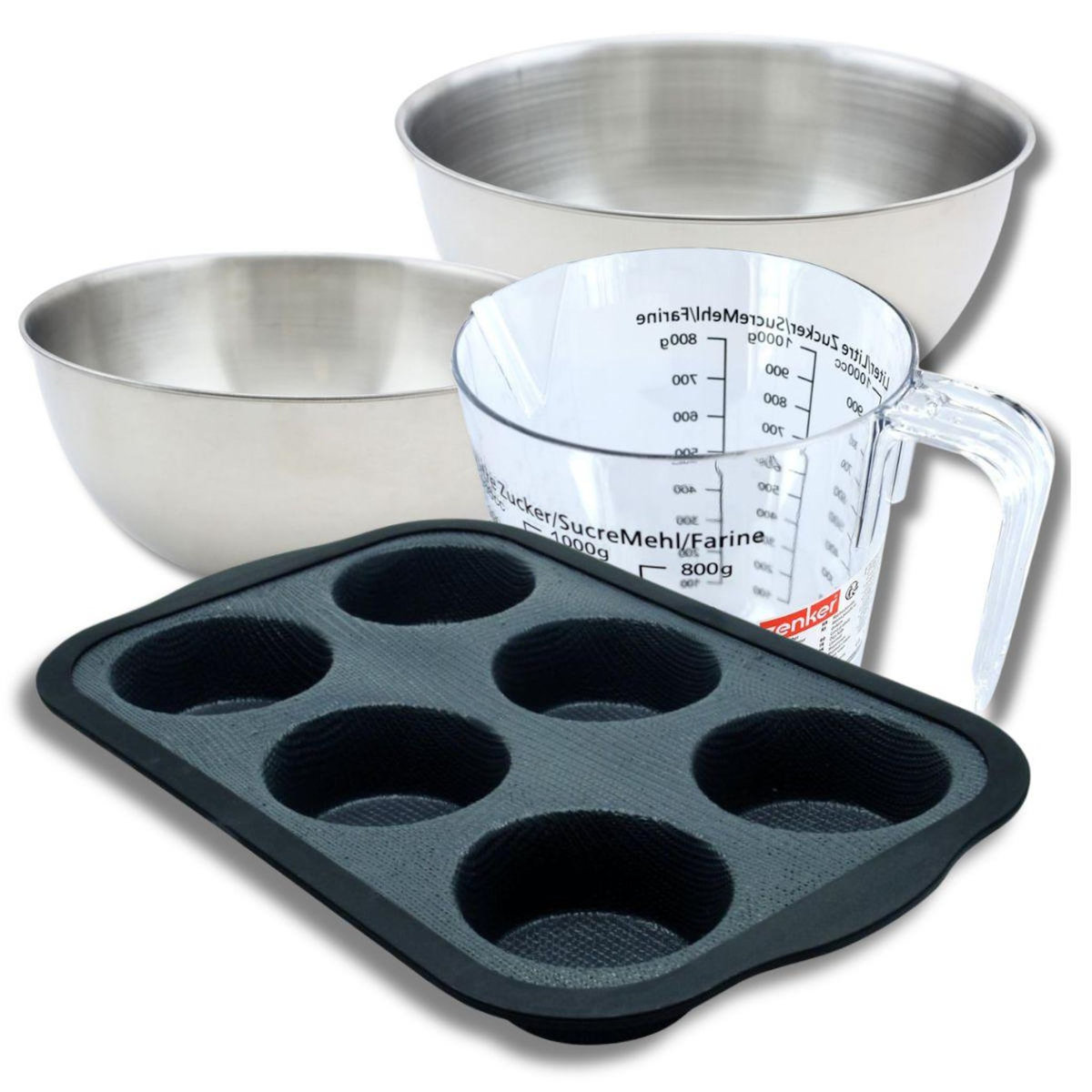 ZENKER Set pâtisserie avec moule à 6 muffins silicone, 2 bols à mixer, verre mesureur et spatule Zenker