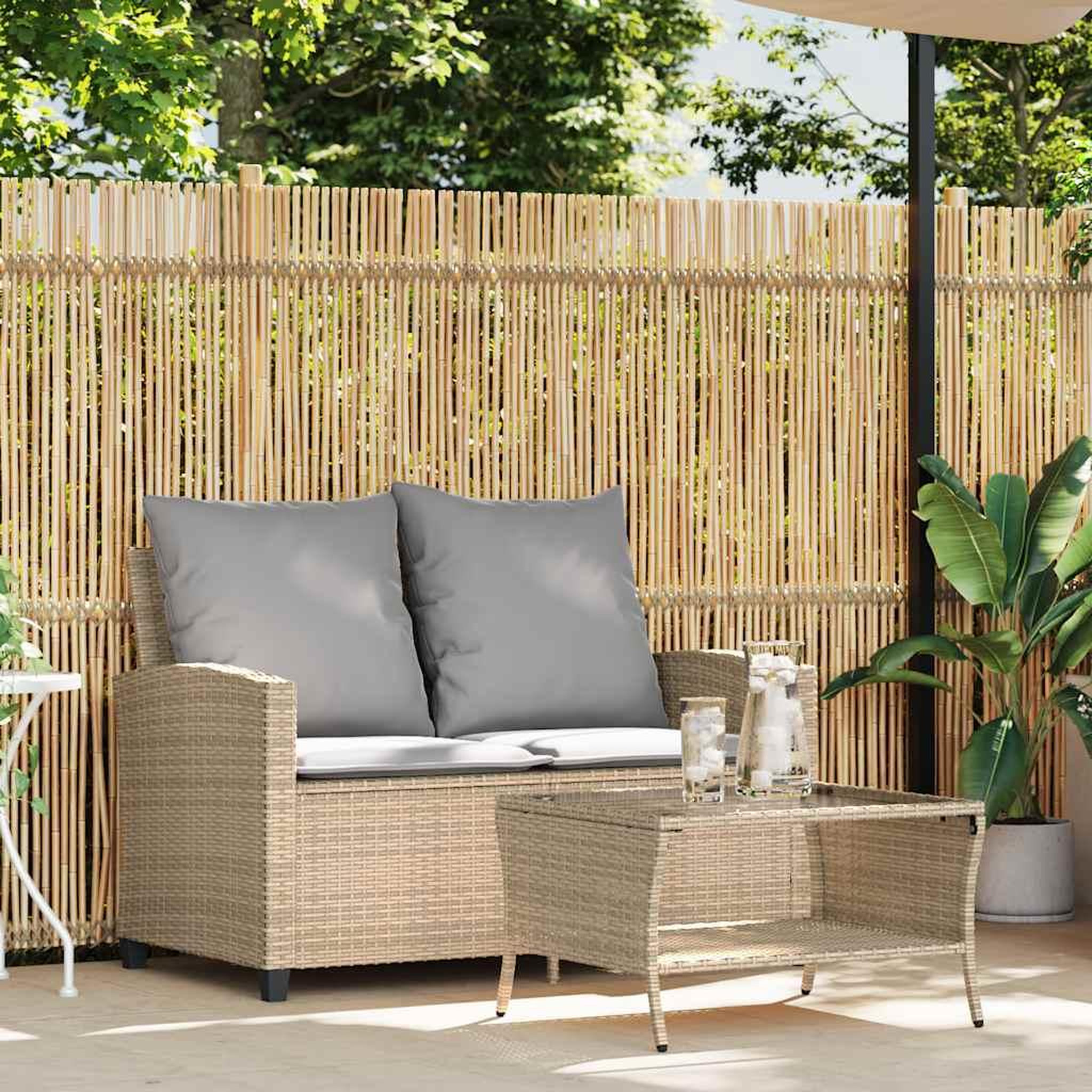 Voir la diapositive 3 : VIDAXL Canape de jardin 2places coussins et table beige resine tressee