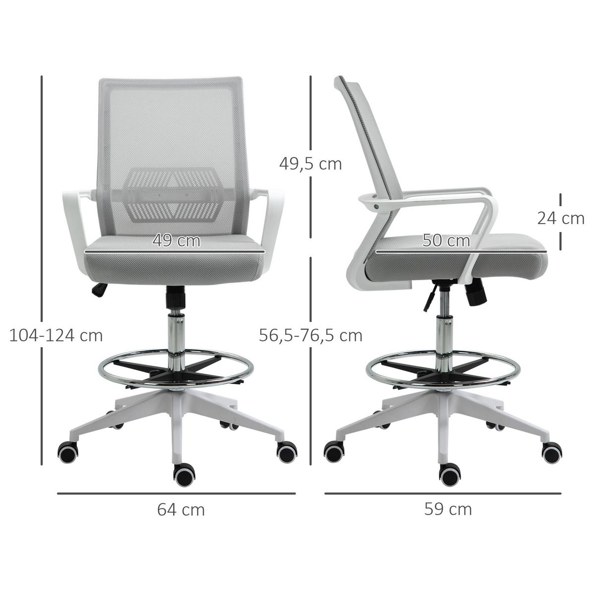 HOMCOM Fauteuil de bureau chaise de bureau assise haute réglable dim. 64L x 59l x 104-124H cm pivotant 360° maille respirante gris