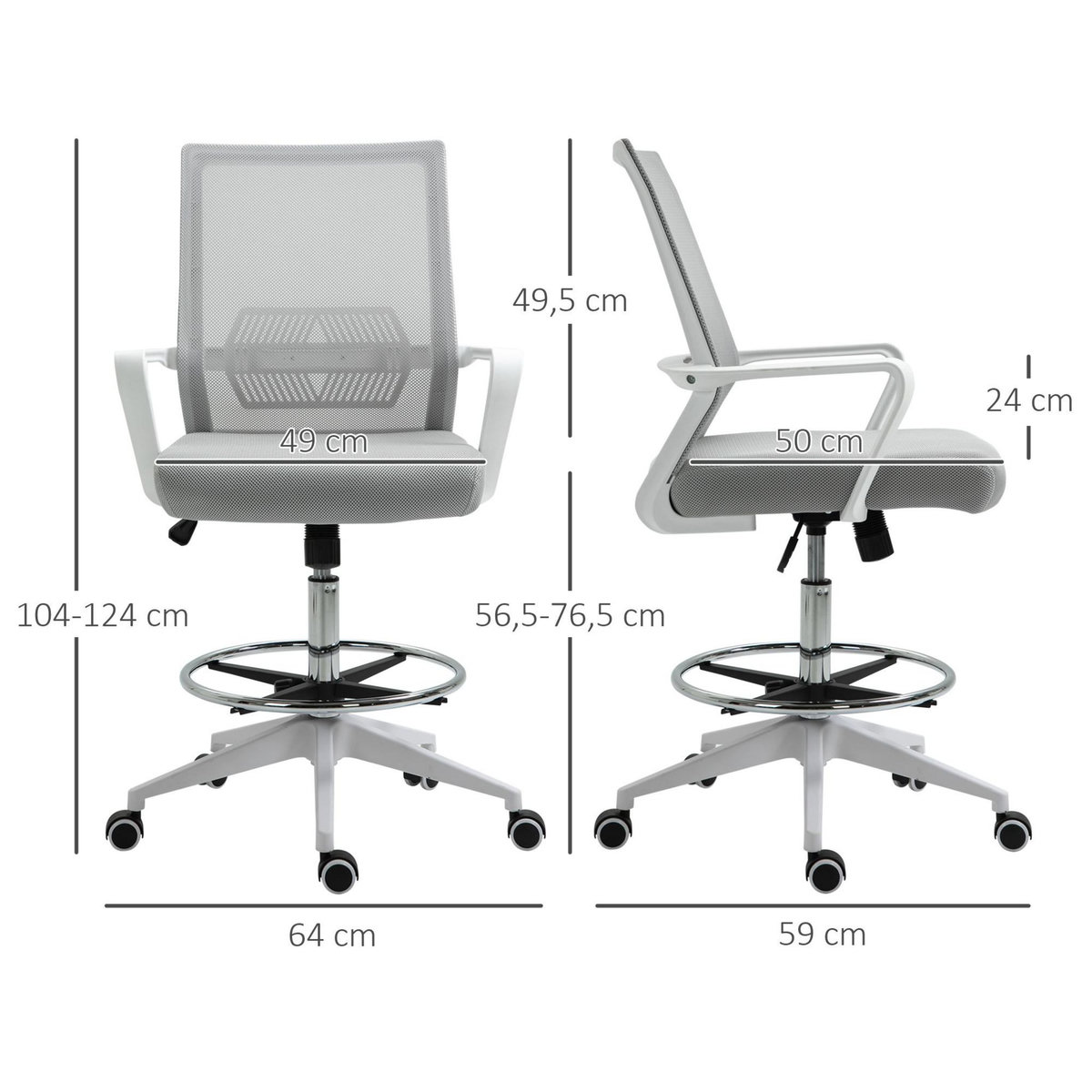 HOMCOM Fauteuil de bureau chaise de bureau assise haute réglable dim. 64L x 59l x 104-124H cm pivotant 360° maille respirante gris